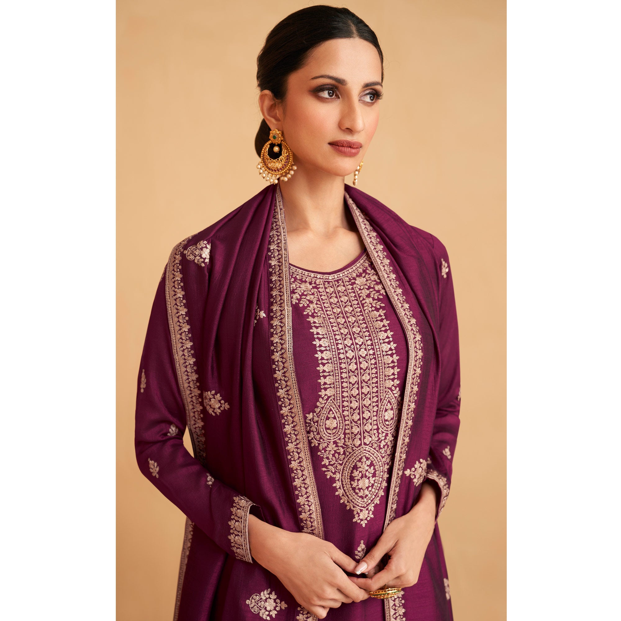 Wine Embroidered Art Silk Palazzo Suit