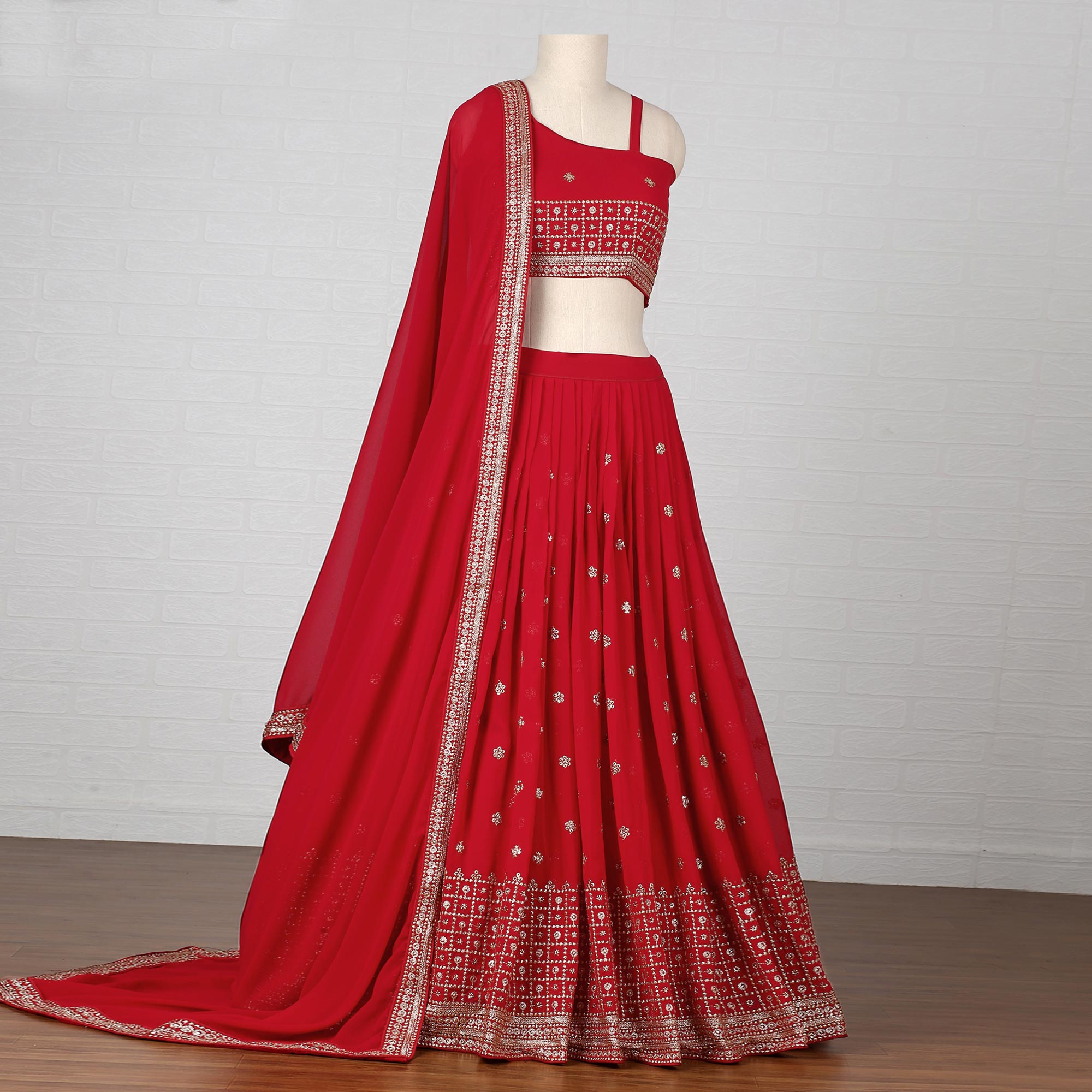 Red Embroidered Georgette Lehenga Choli