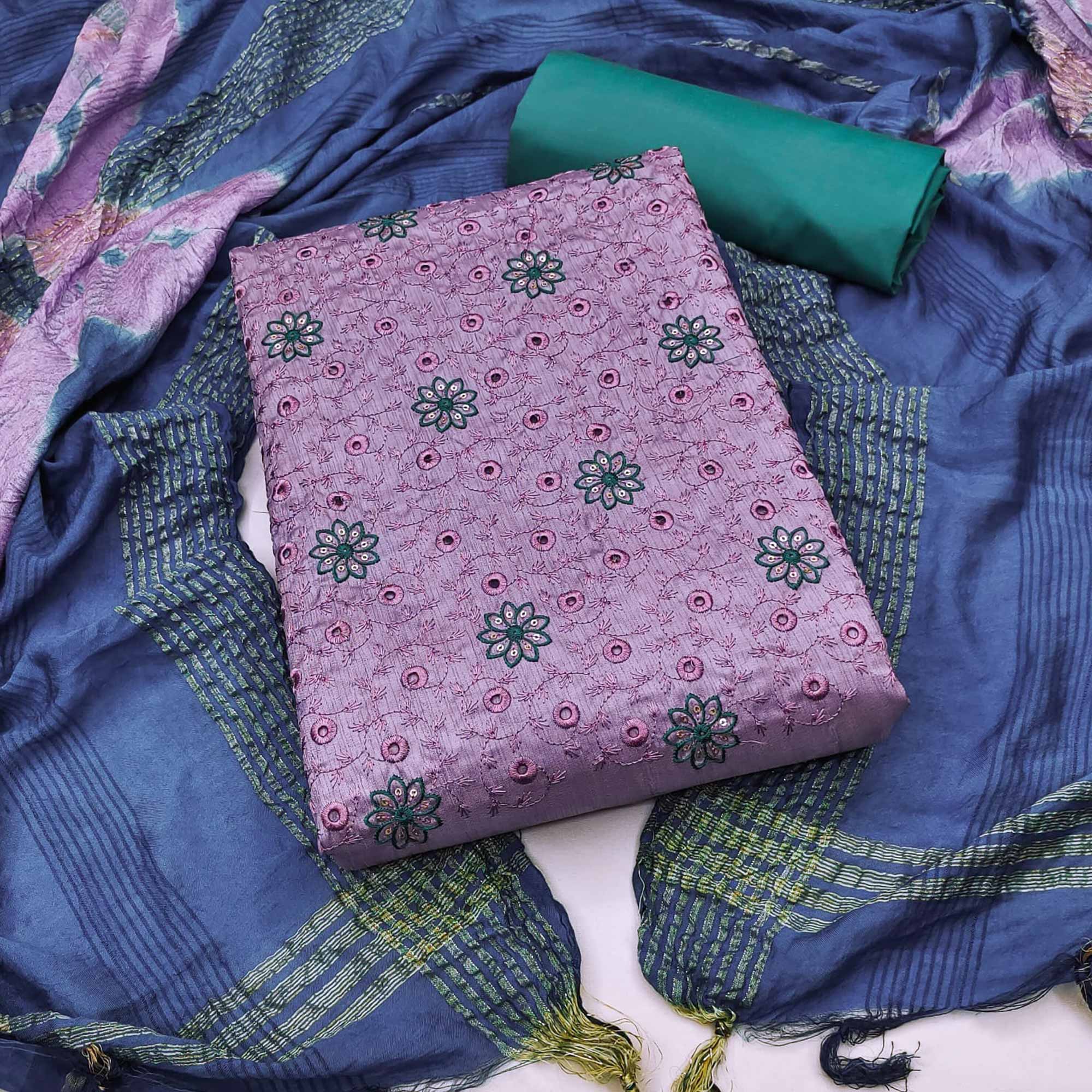 Lavender Embroidered Raw Silk Dress Material