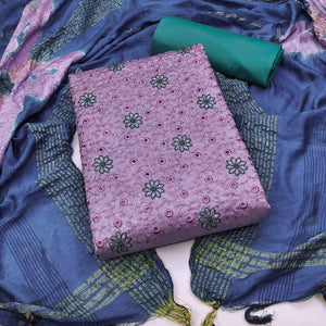 Lavender Embroidered Raw Silk Dress Material