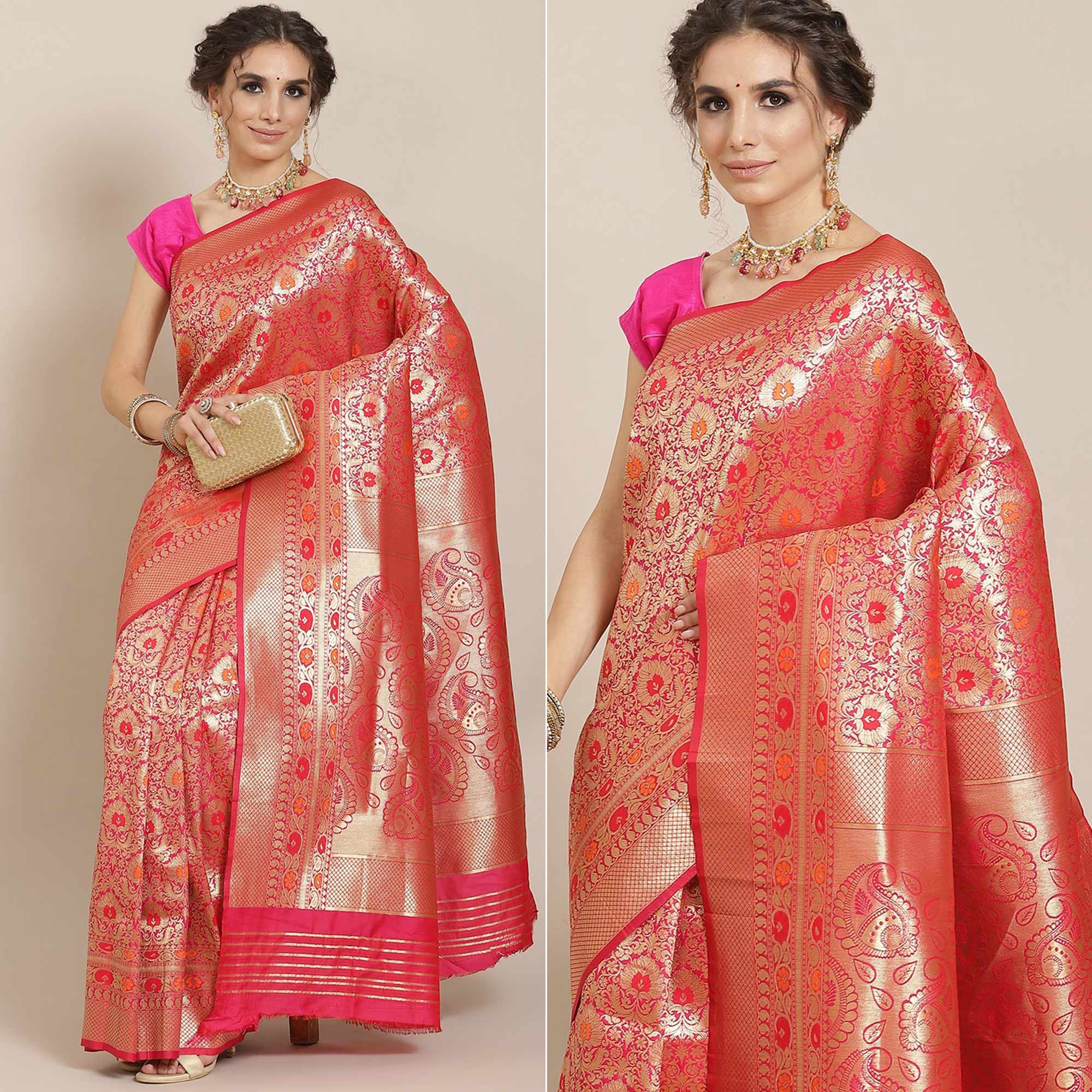 Pink Woven Kanjivaram Silk Saree