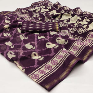 Purple Printed Cotton Blend Saree