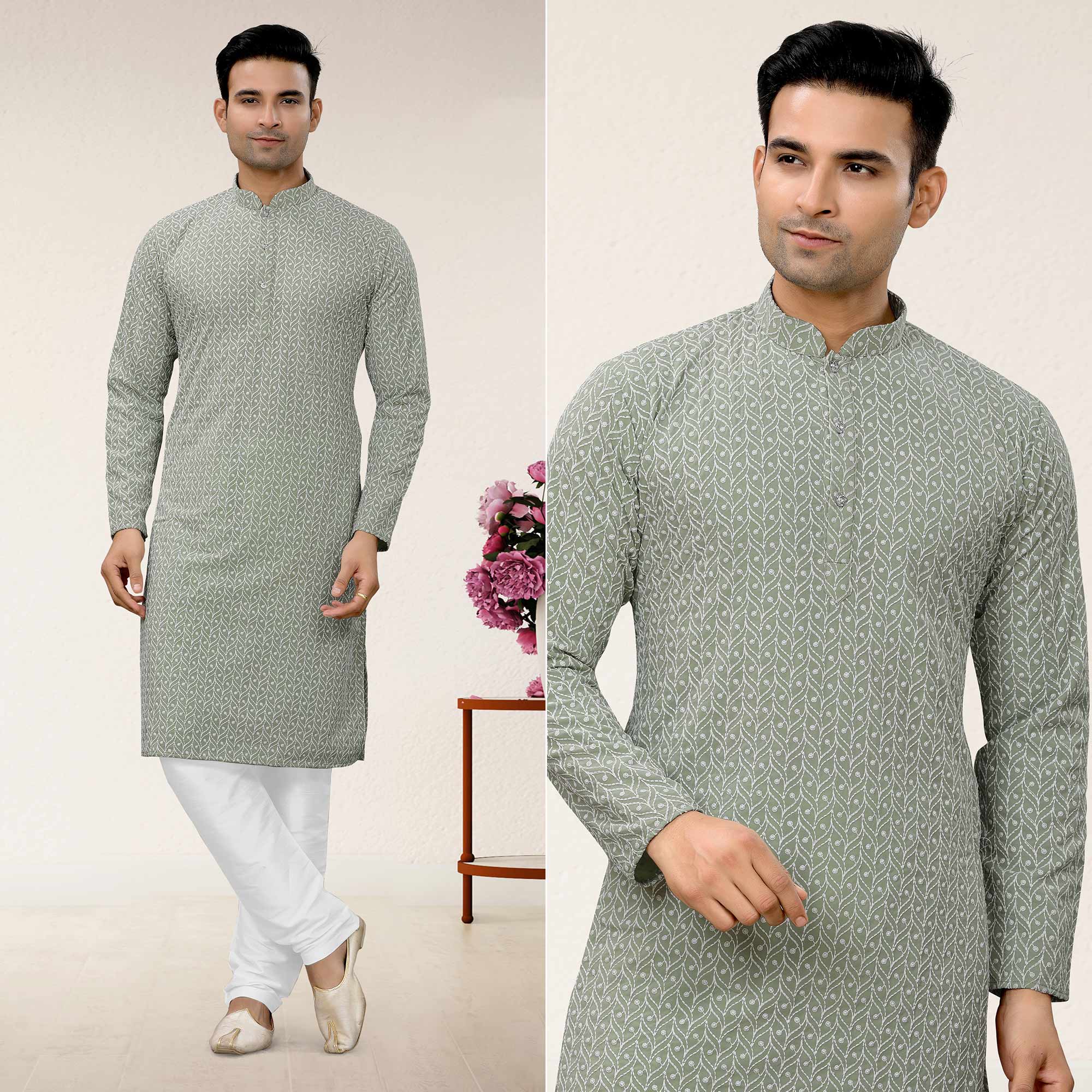 Grey Lucknowi Embroidered Georgette Kurta Pyjama Set