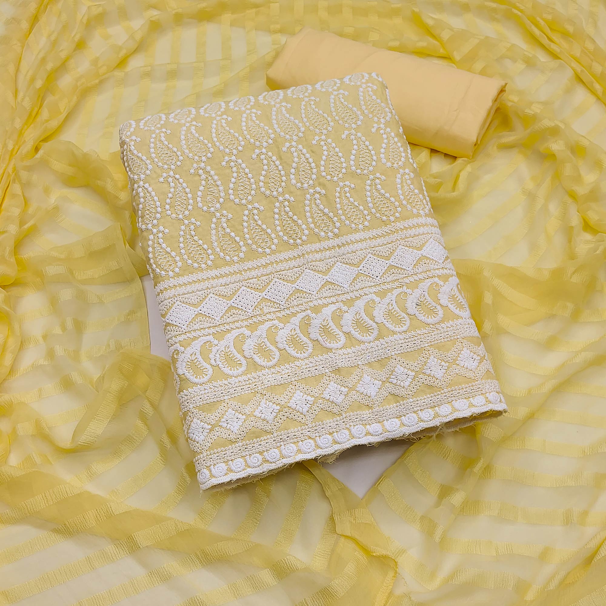 Yellow Embroidered Cotton Blend Dress Material