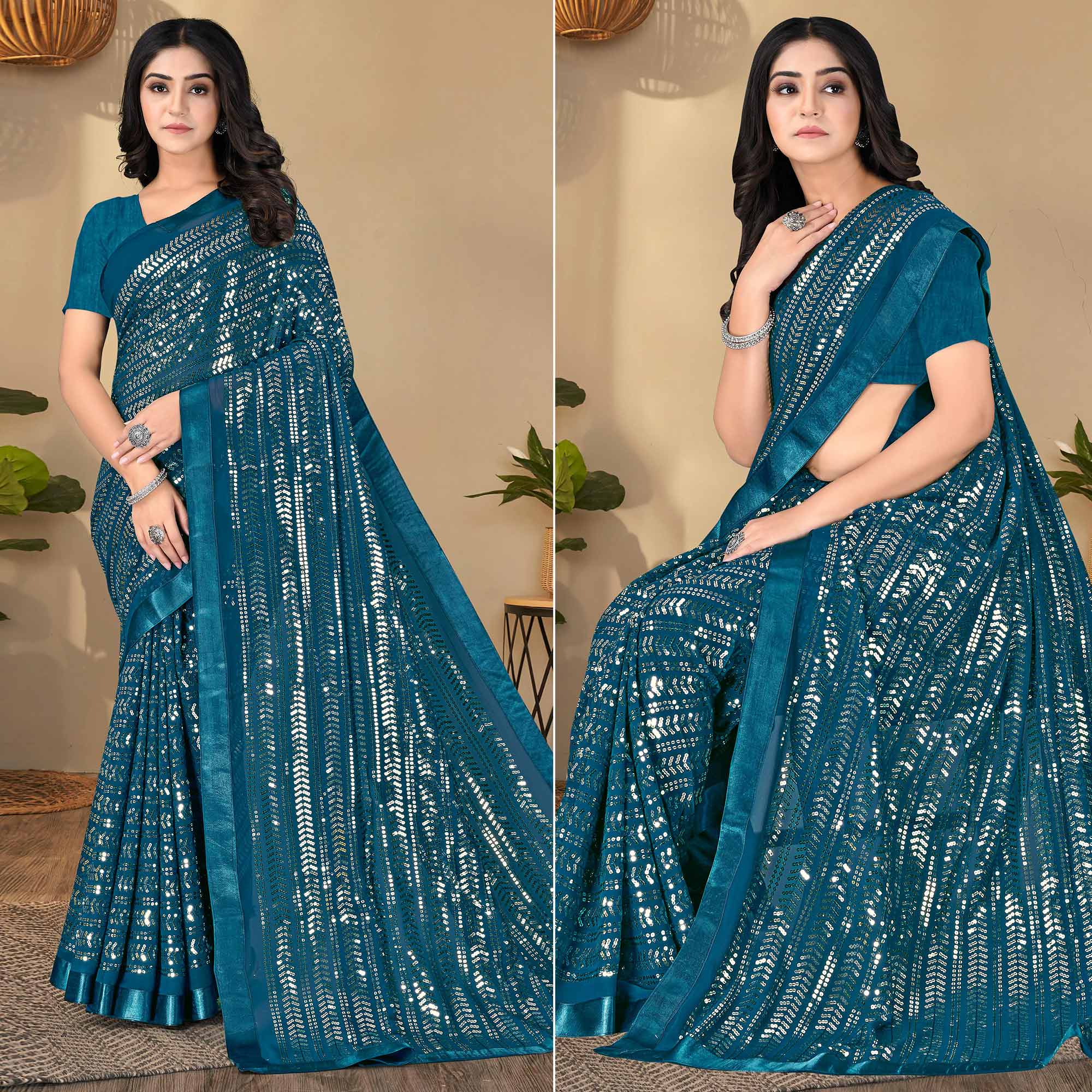 Teal Blue Sequins Embroidered Georgette Saree