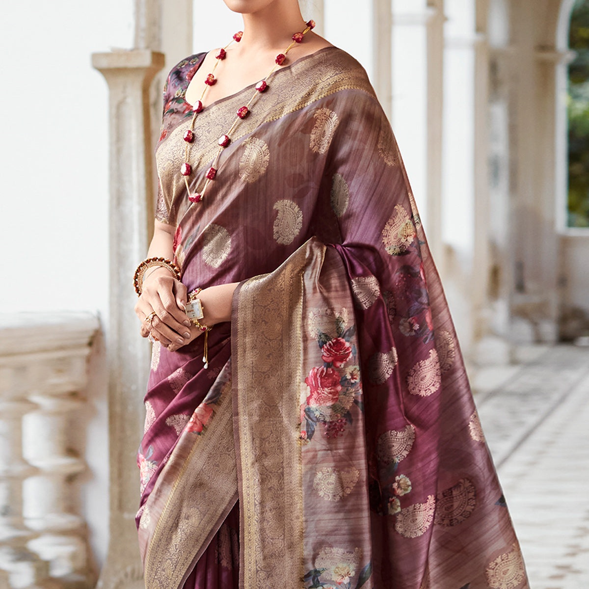 Purple Woven With Floral Printed Art Silk Saree