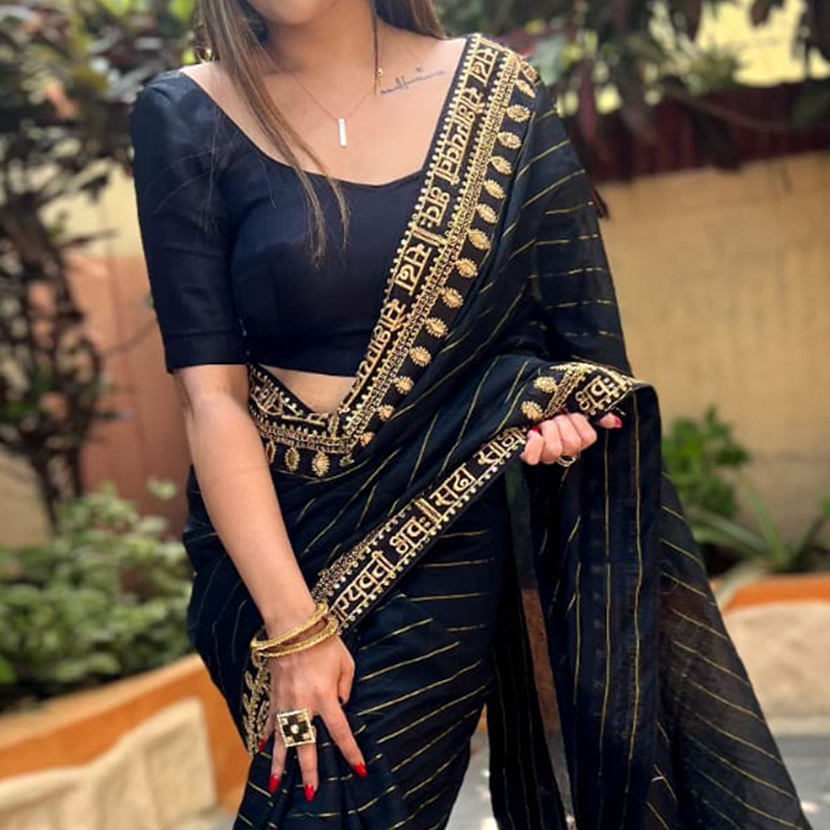 Black Striped With Embroidered Border Modal Saree