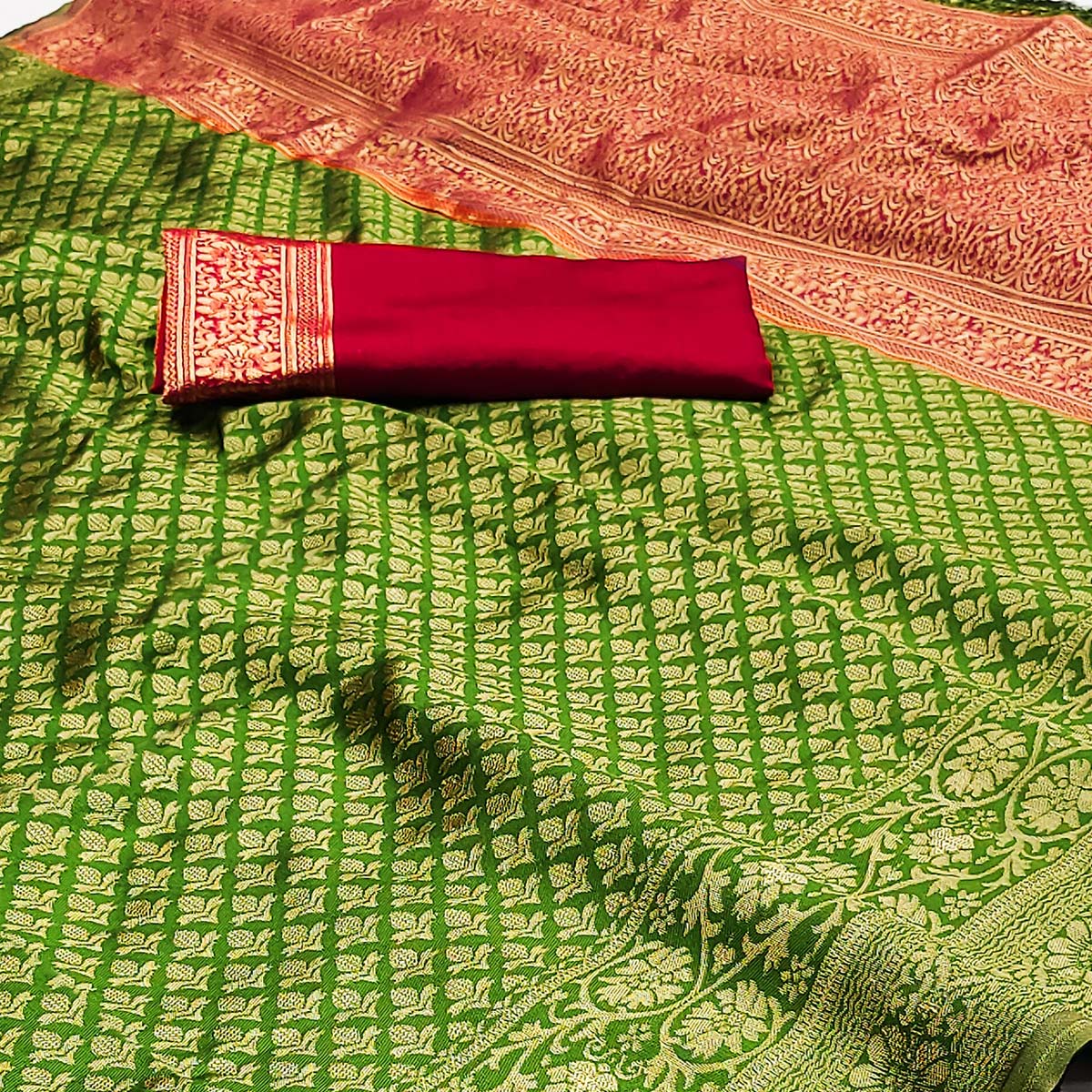Green Floral Woven Jacquard Saree