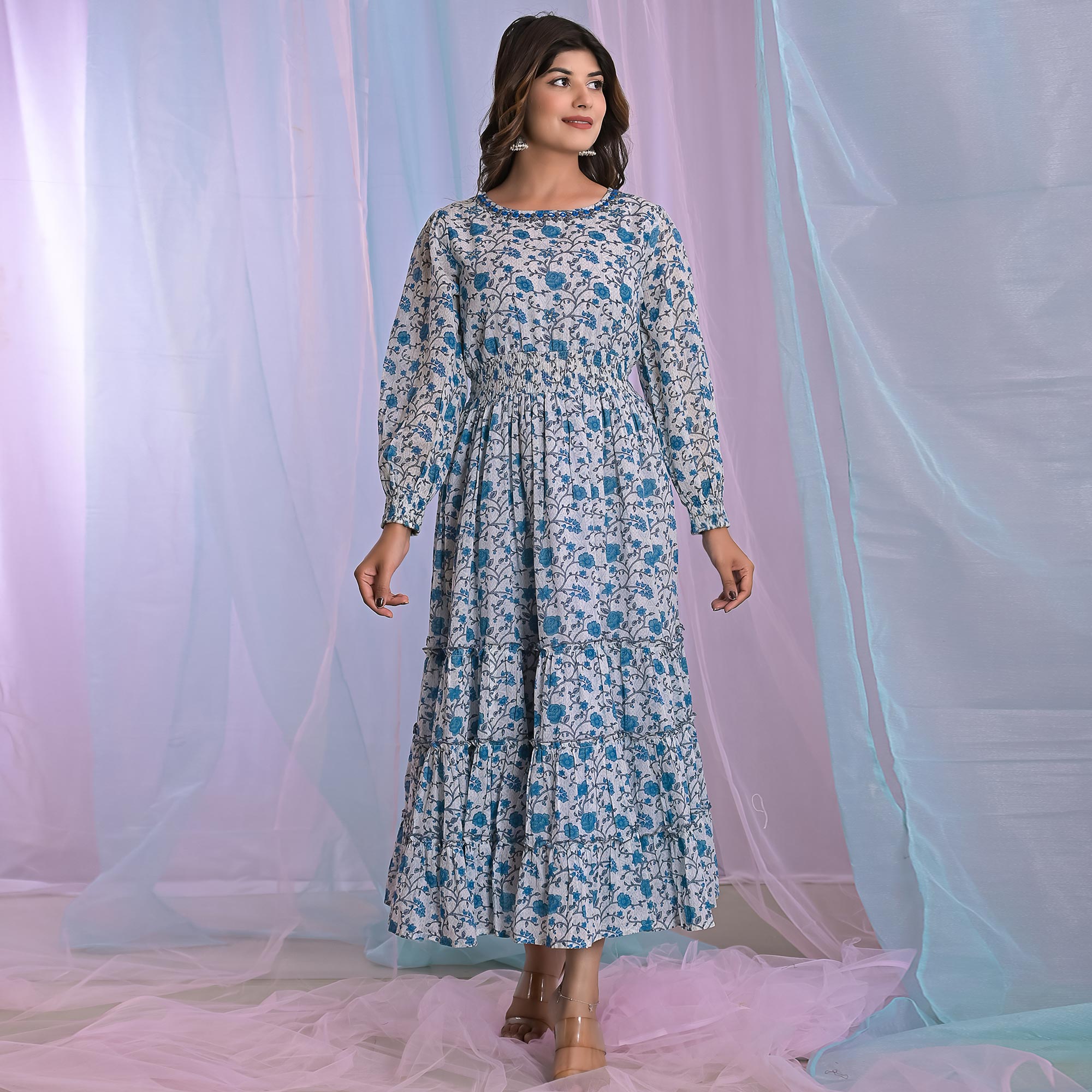 Blue Floral Printed Pure Cotton Dress