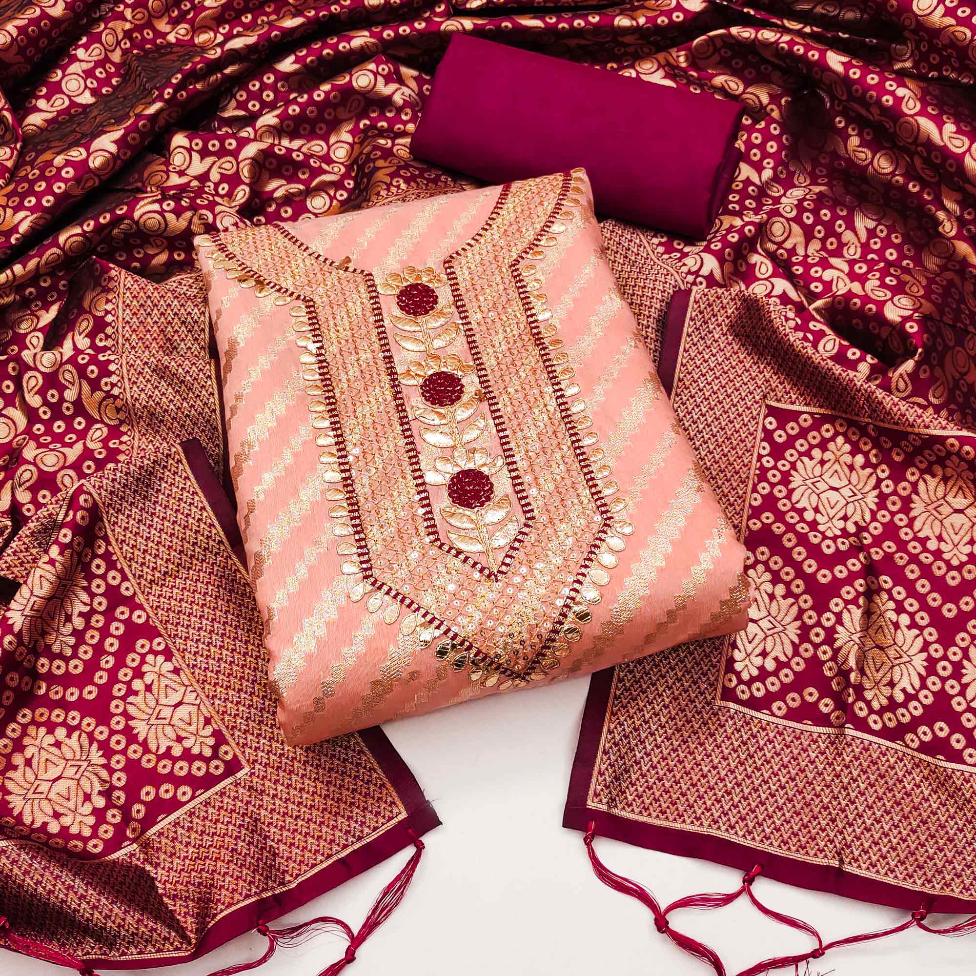 Peach Woven With Embroidered Chanderi Dress Material