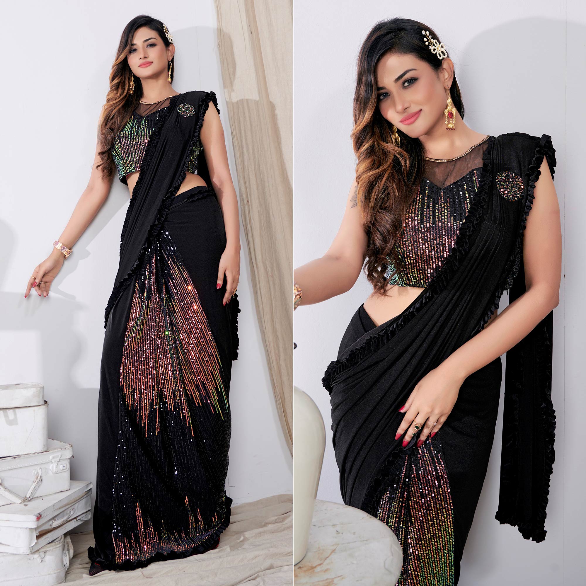 Black Sequins Embroidered Lycra Ready to Wear Saree