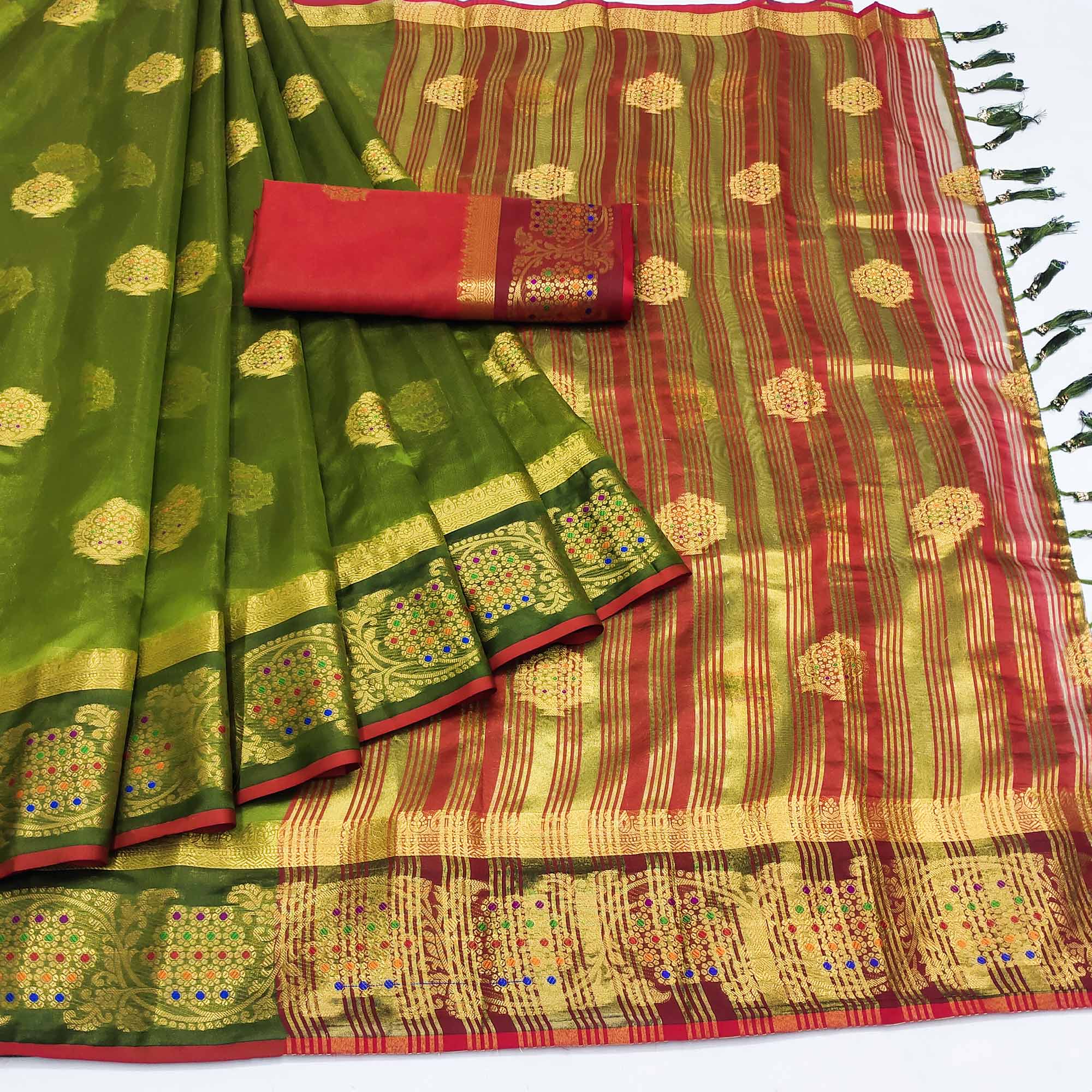 Green Floral Woven Organza Saree With Tassels