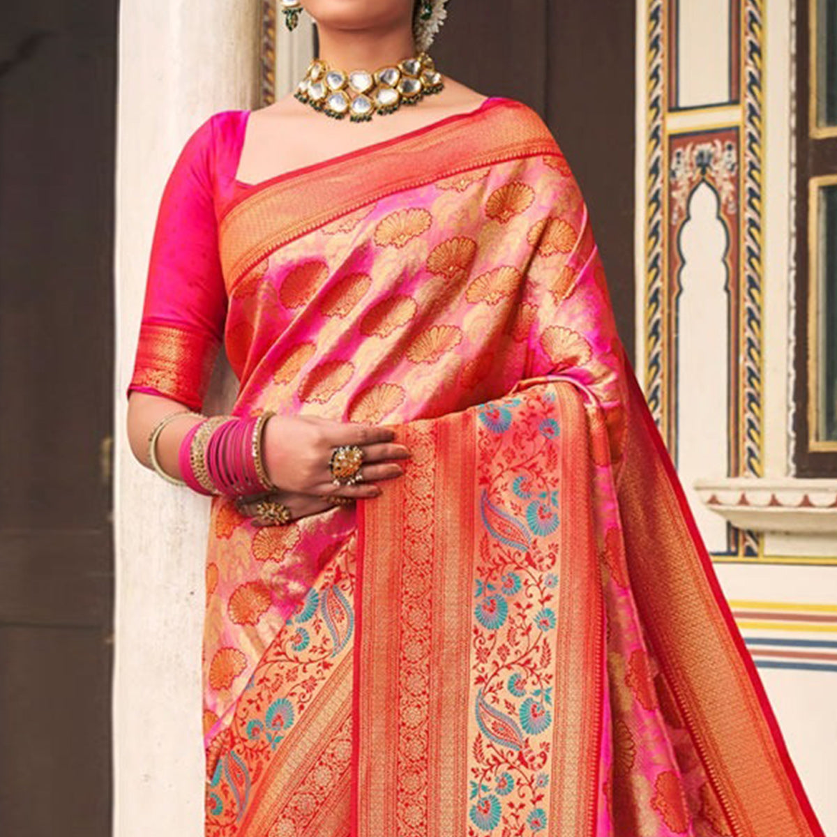 Rose Pink Woven Kanjivaram Silk Saree With Tassels