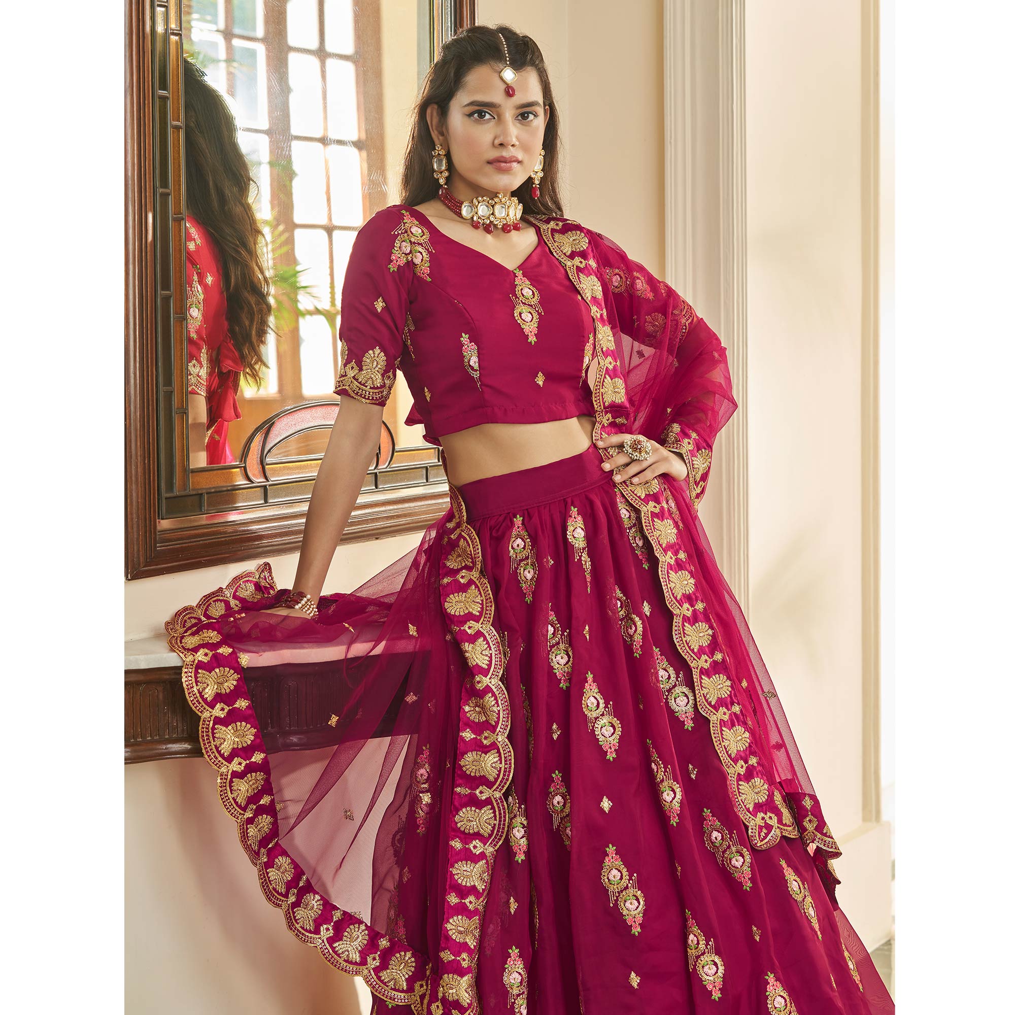 Rani Pink Sequins Embroidered Organza Lehenga Choli