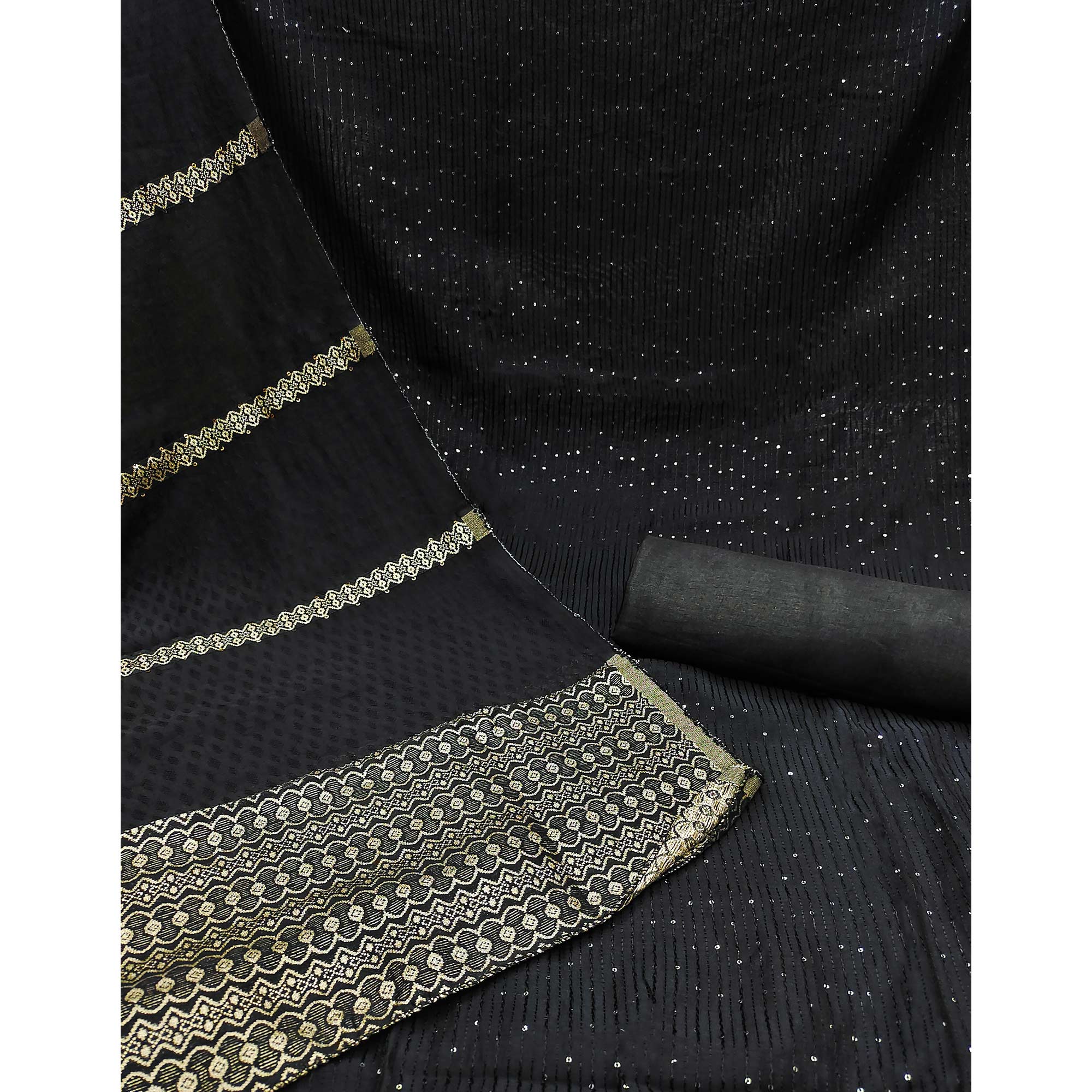 Black Sequins Embroidered Chanderi Dress Material