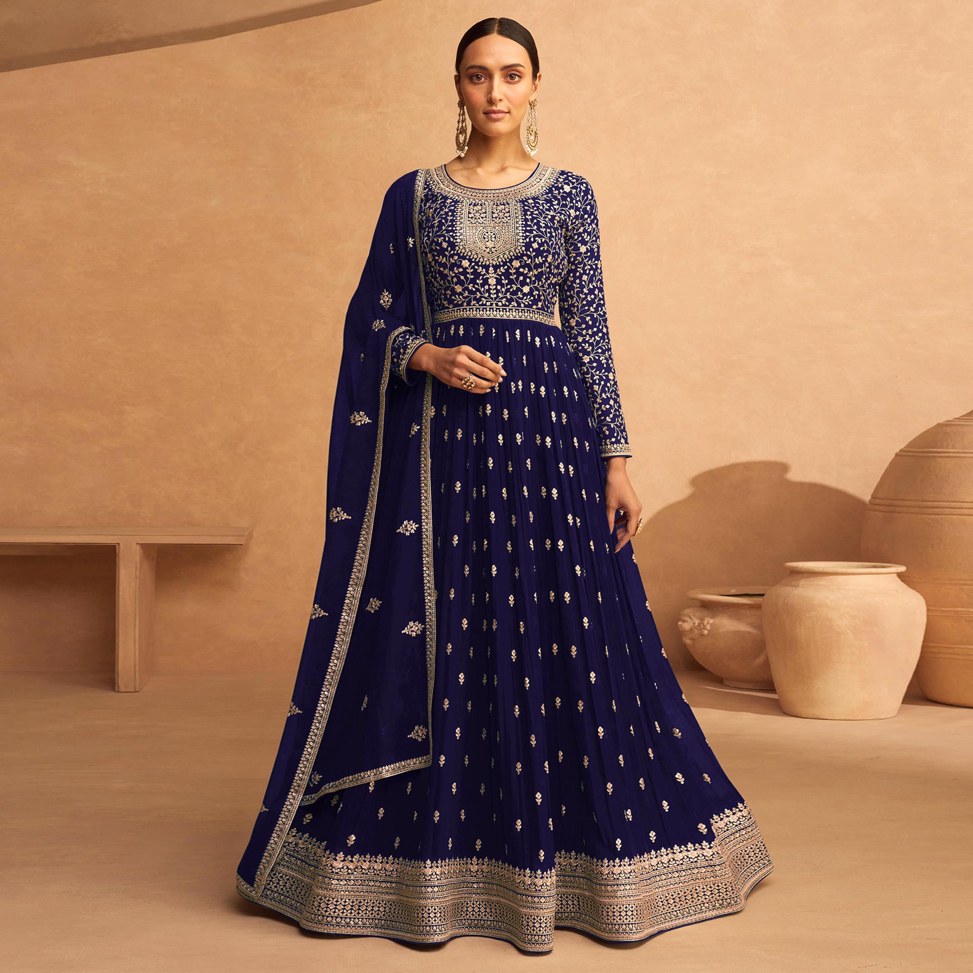 Navy Blue Floral Sequins Embroidered Georgette Semi Stitched Anarkali Suit