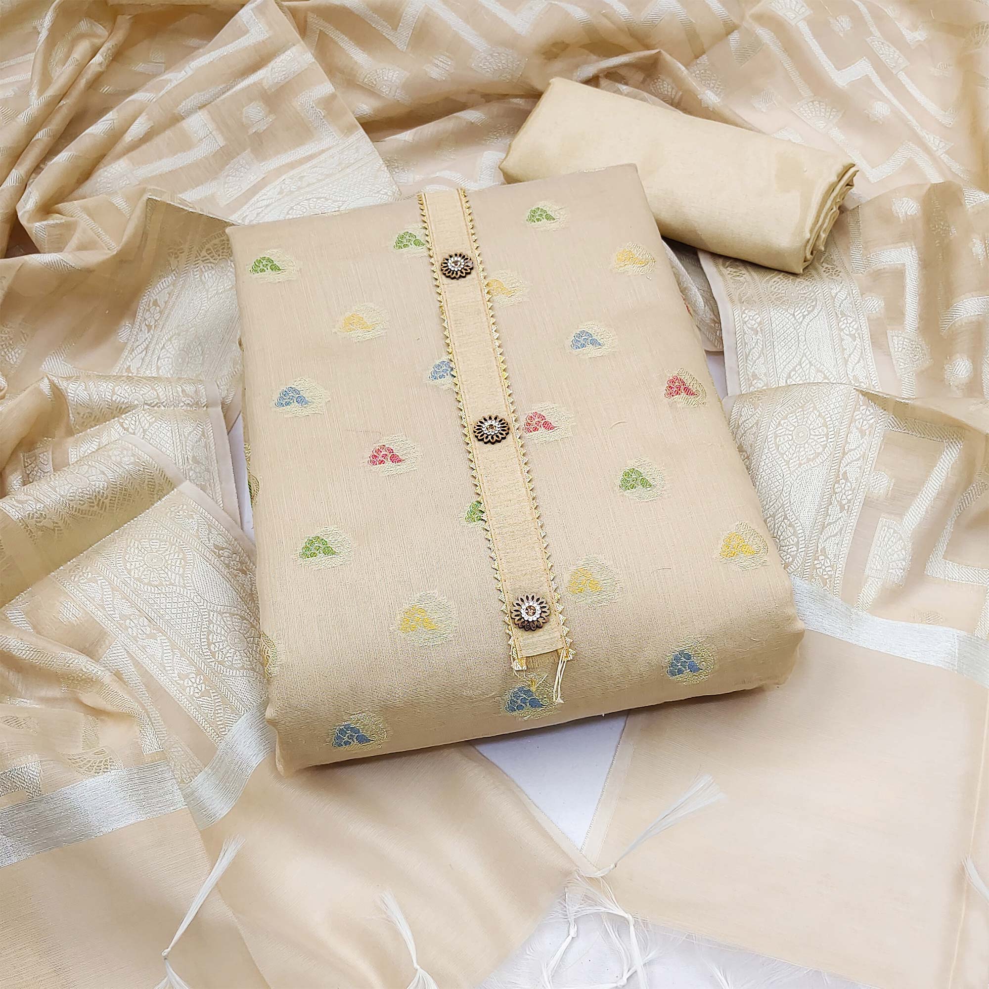 Beige Woven Banarasi Silk Dress Material