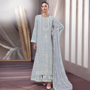 Grey Floral Embroidered Georgette Pakistani Suit