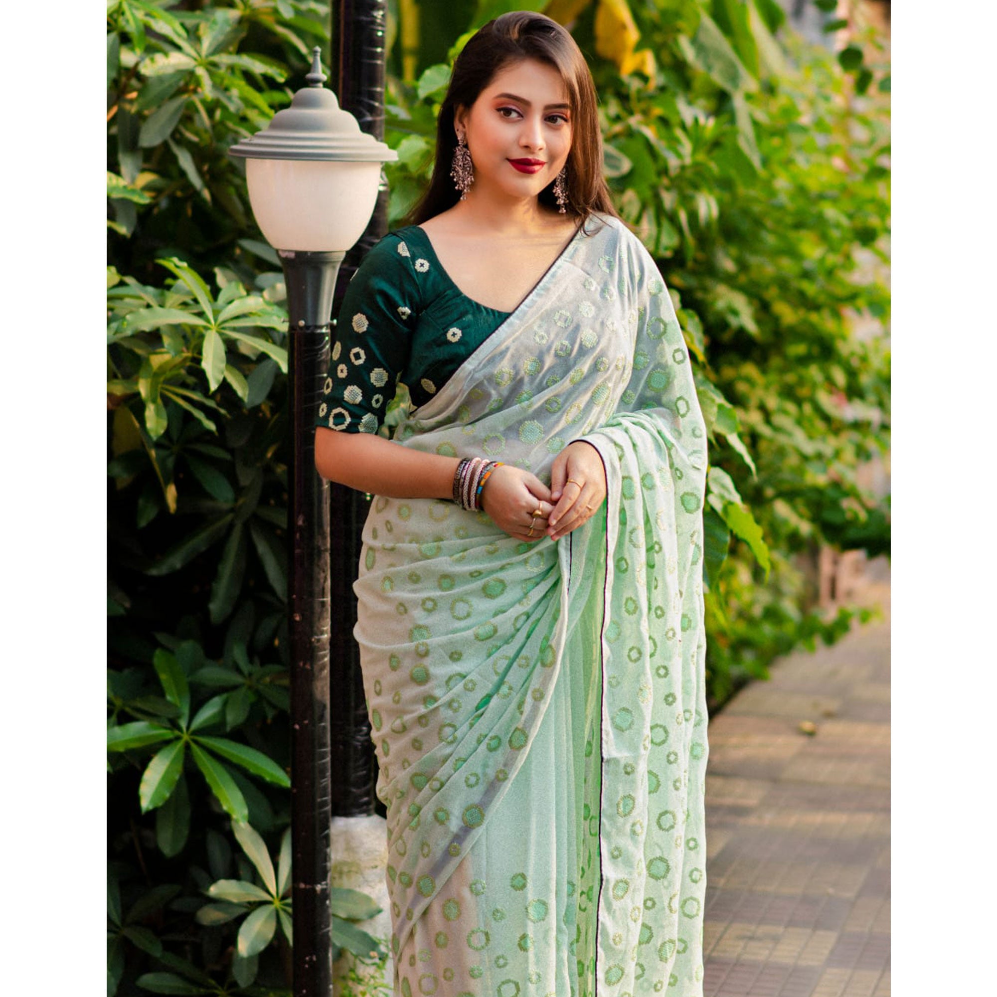Pista Green Sequins Work Georgette Saree