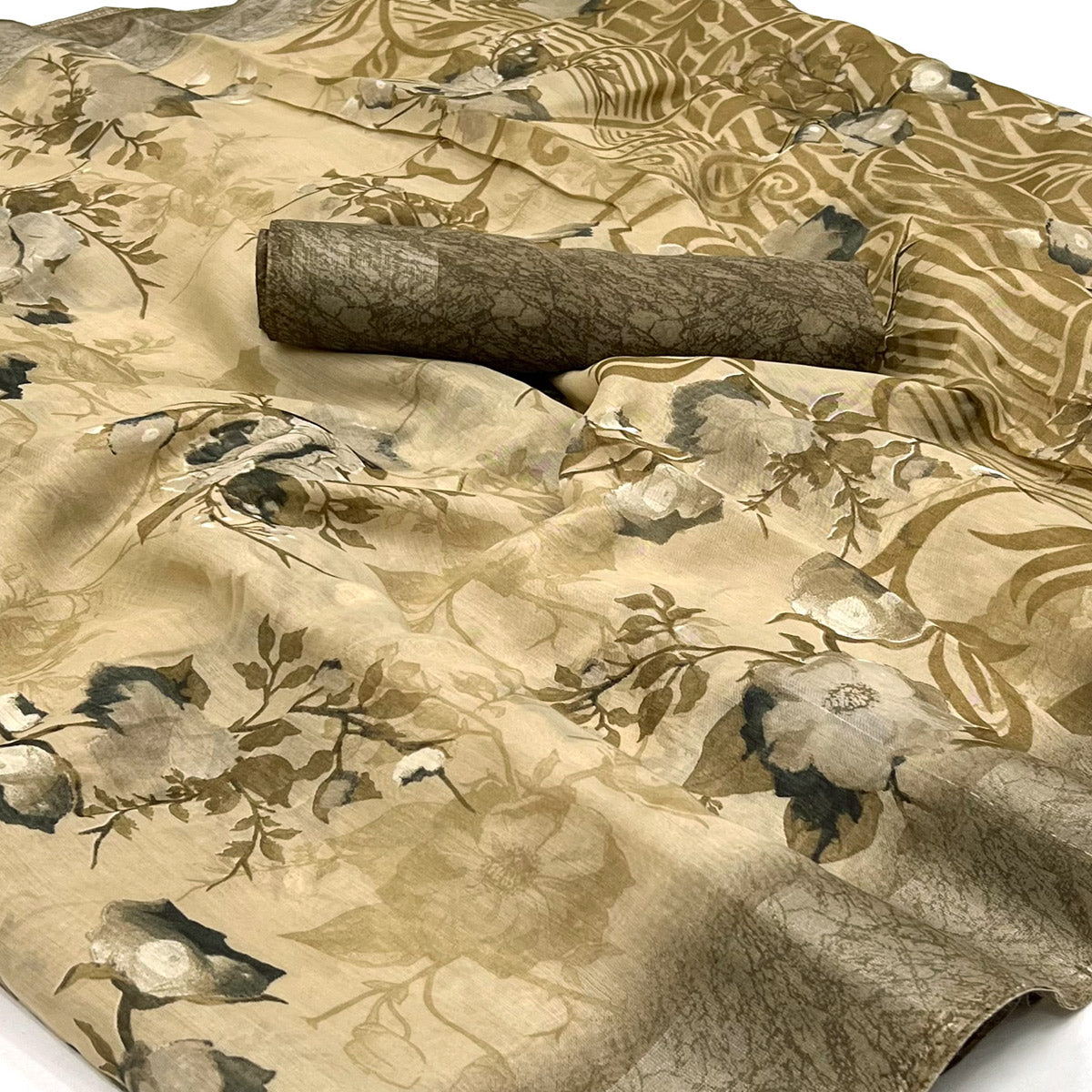 Chikoo Floral Printed Linen Saree