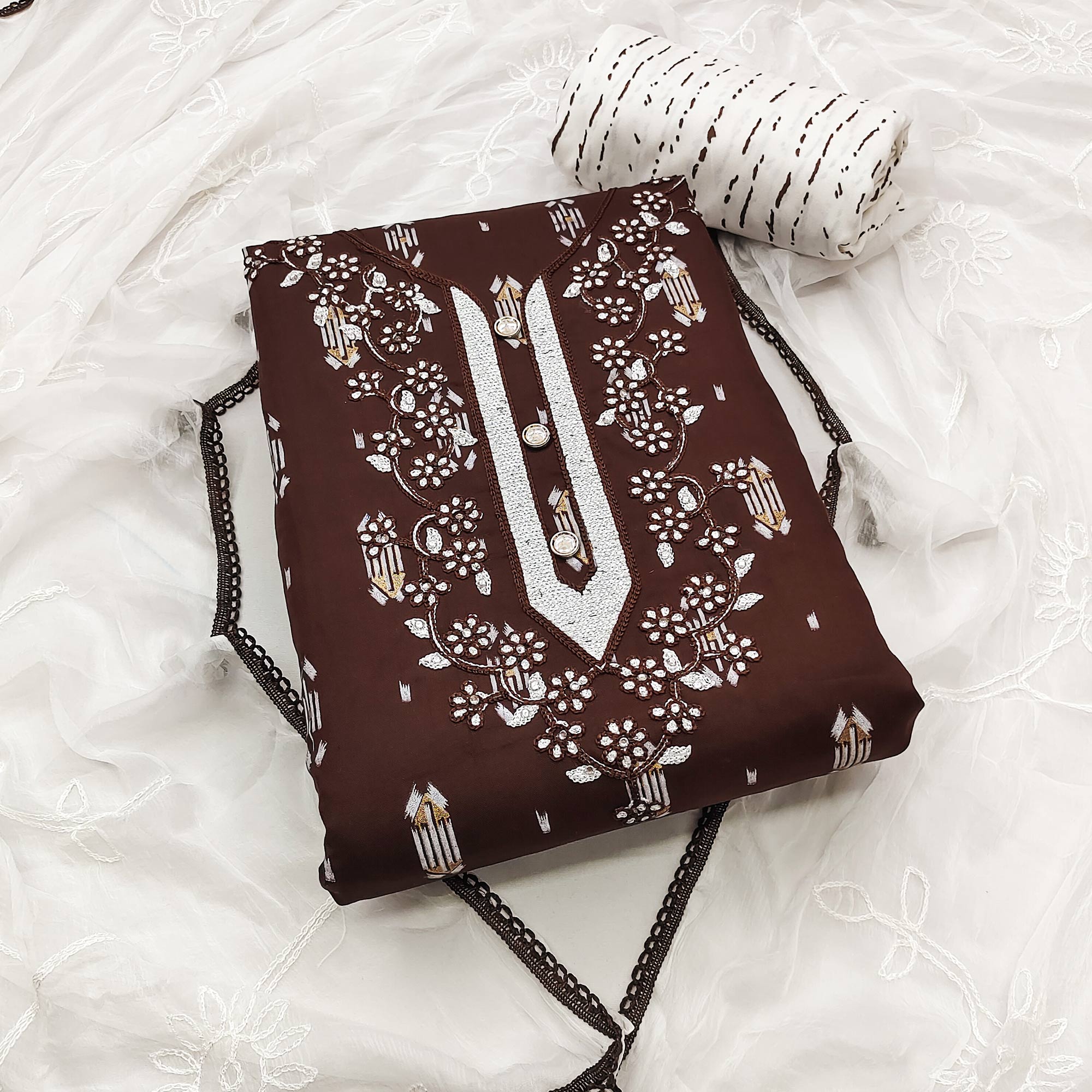 Brown Printed With Embroidered Rayon Dress Material