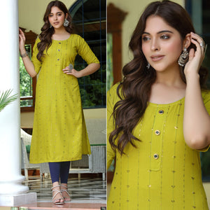 Lemon Green Embroidered Rayon Kurti