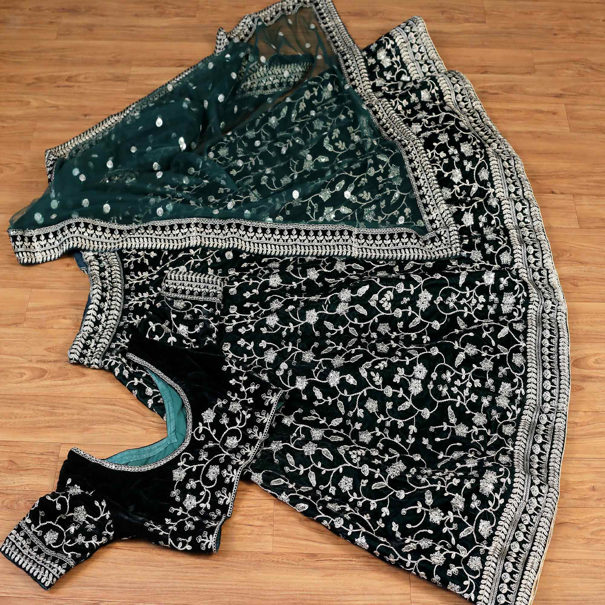Dark Green Sequins Embroidered Velvet Lehenga Choli