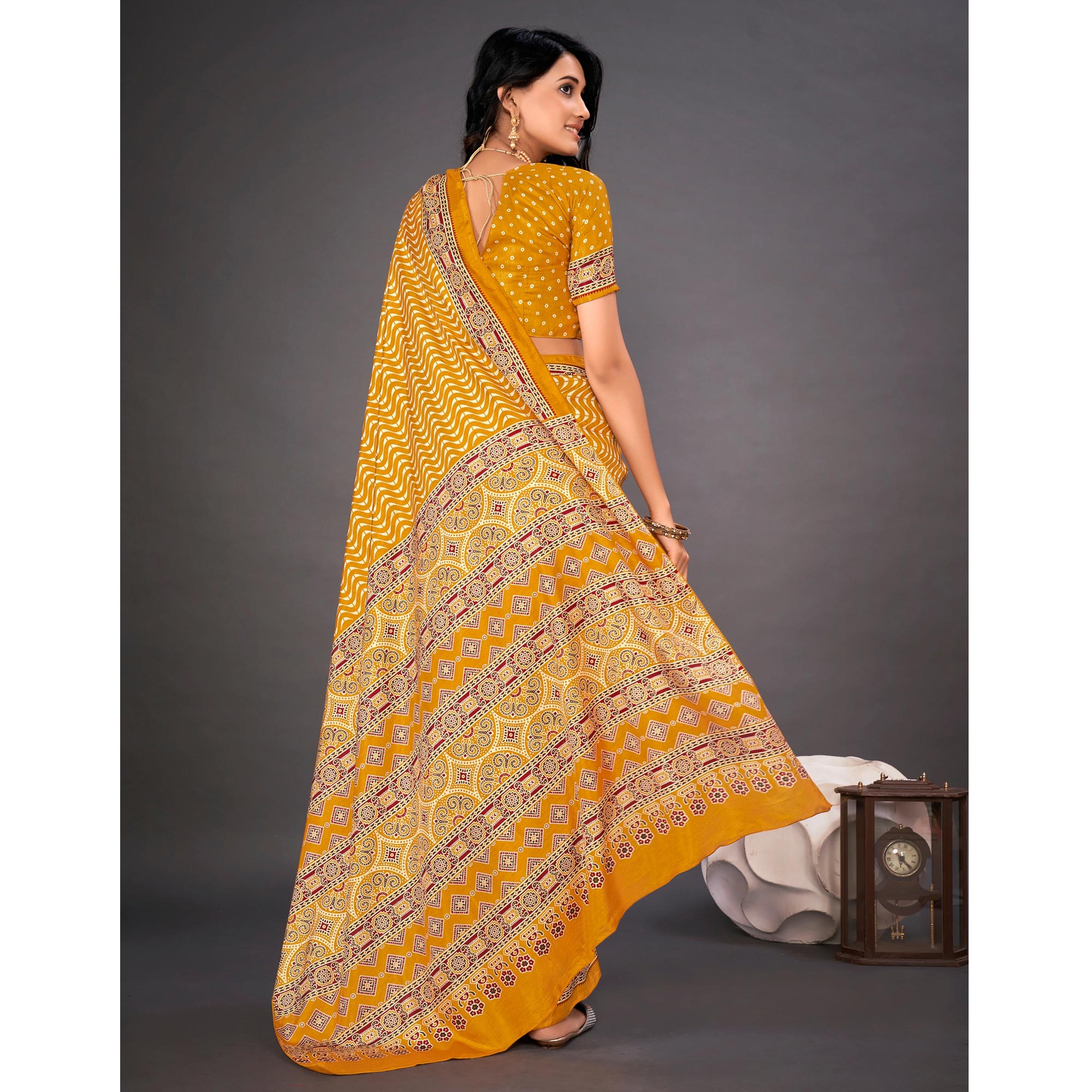 Mustard Printed Dola Silk Saree