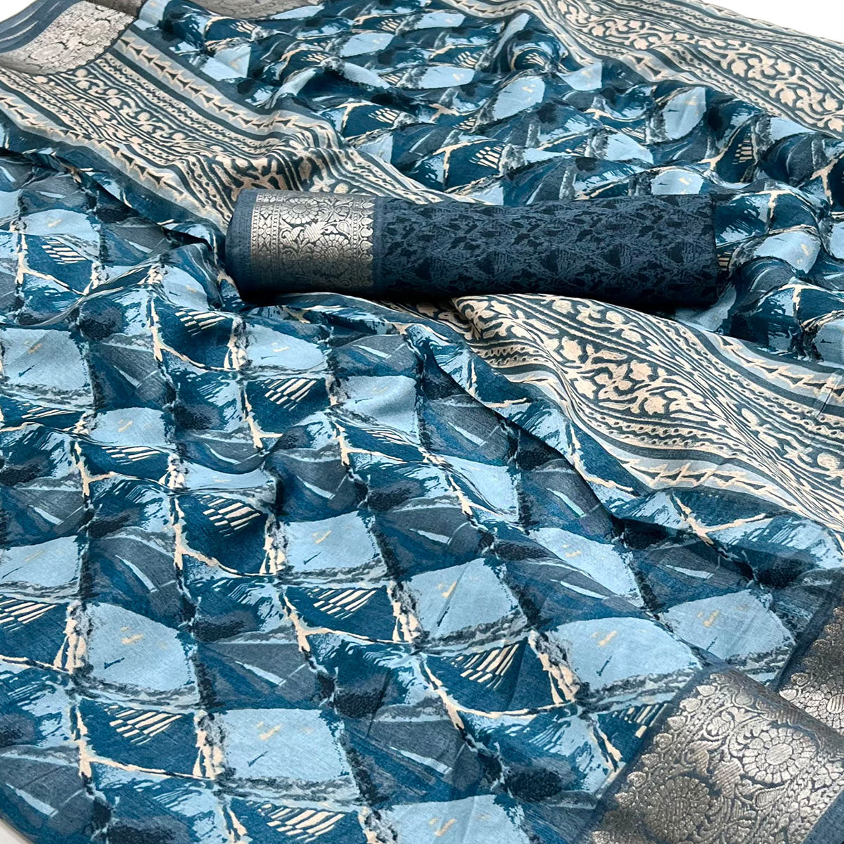 Blue Floral Printed With Woven Dola Silk Saree