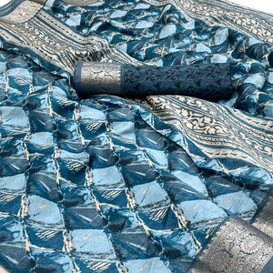 Blue Floral Printed With Woven Dola Silk Saree