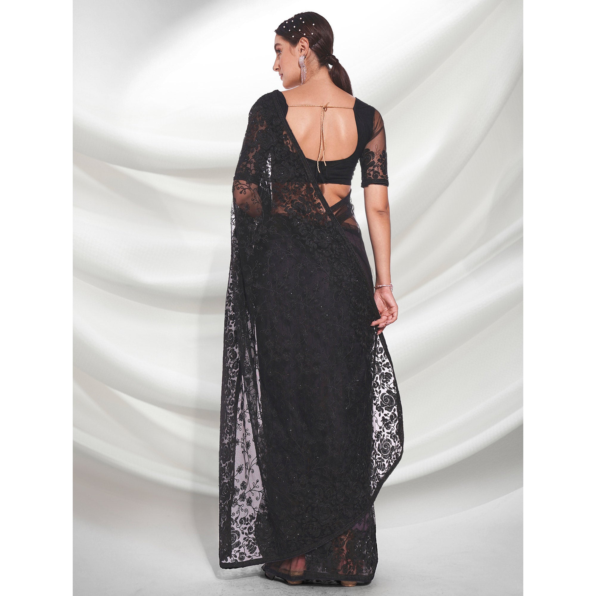 Black Floral Embroidered Net Saree