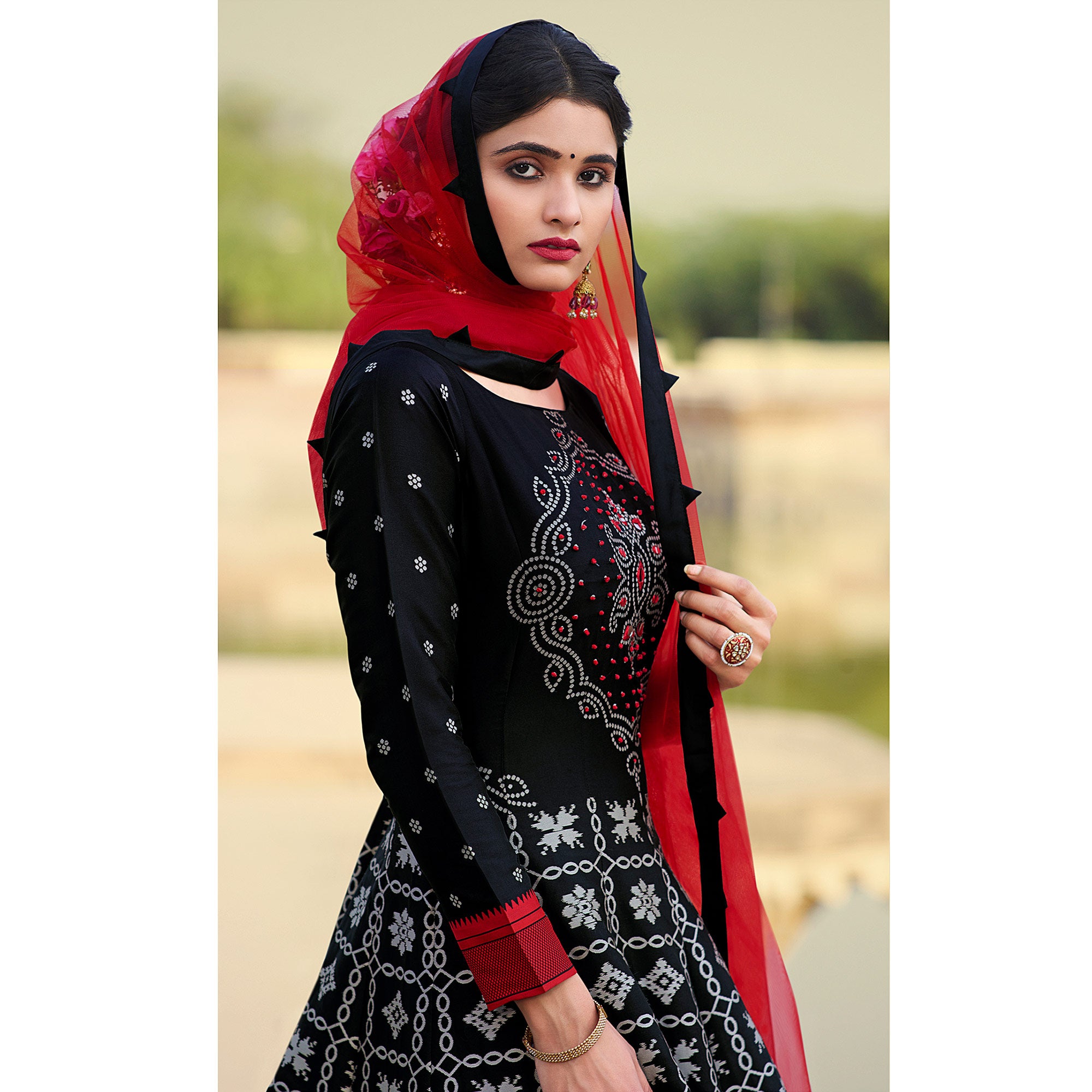 Black Weaving With Mirror Work Jacquard Gown