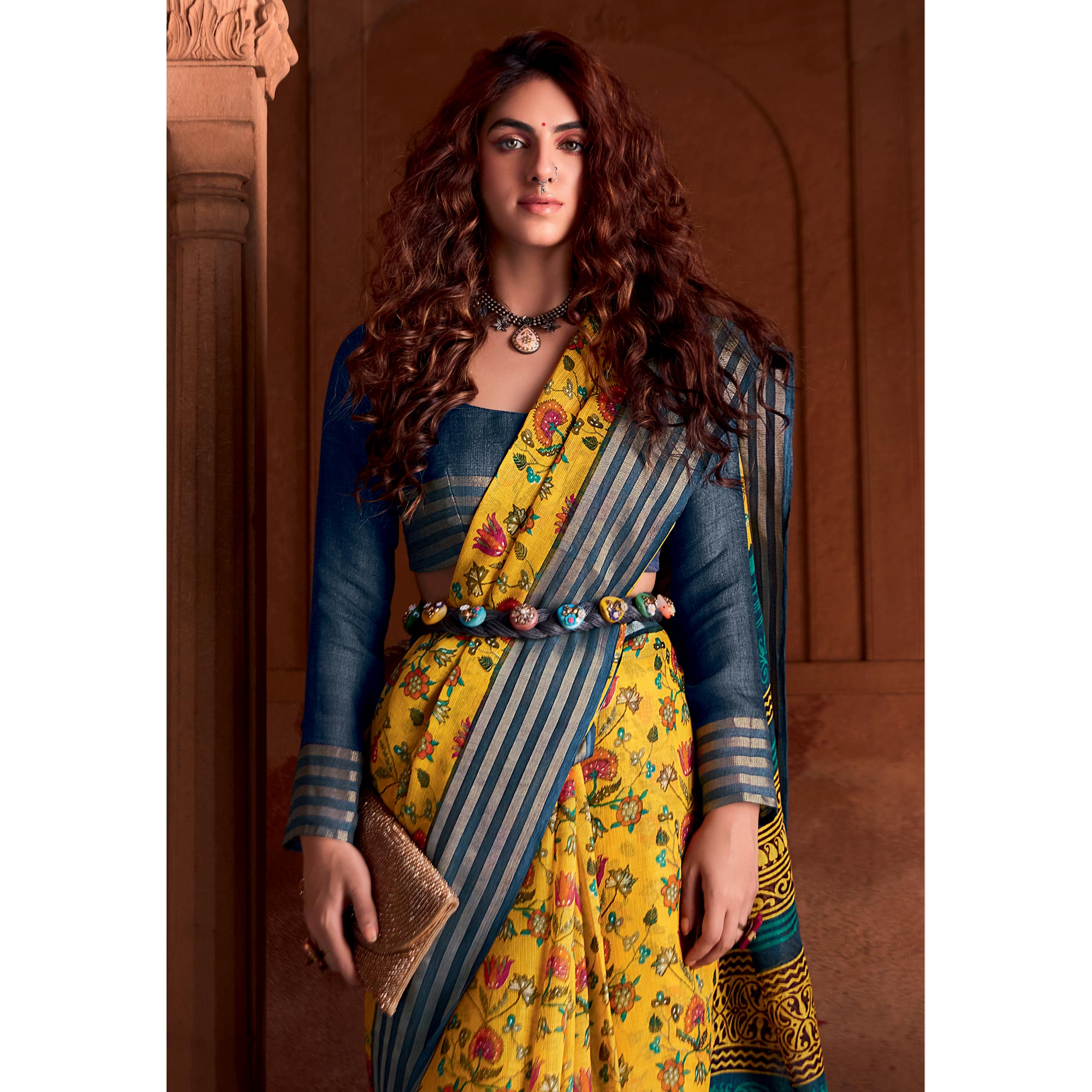 Yellow Floral Printed Linen Saree