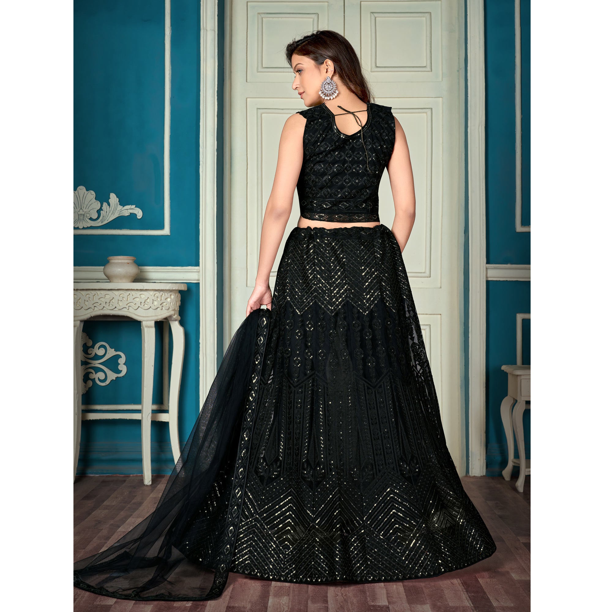 Black Sequins Embroidered Netted Lehenga Choli
