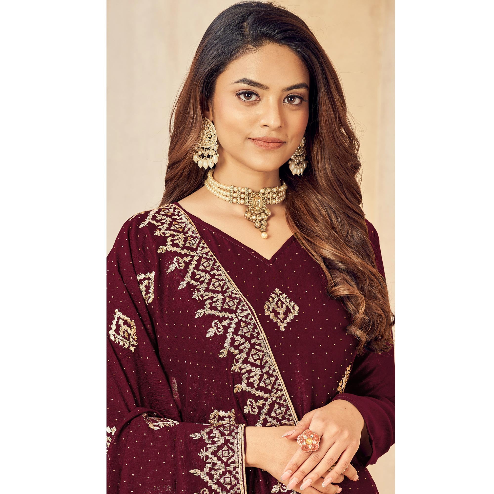 Maroon Embroidered Vichitra Silk Suit