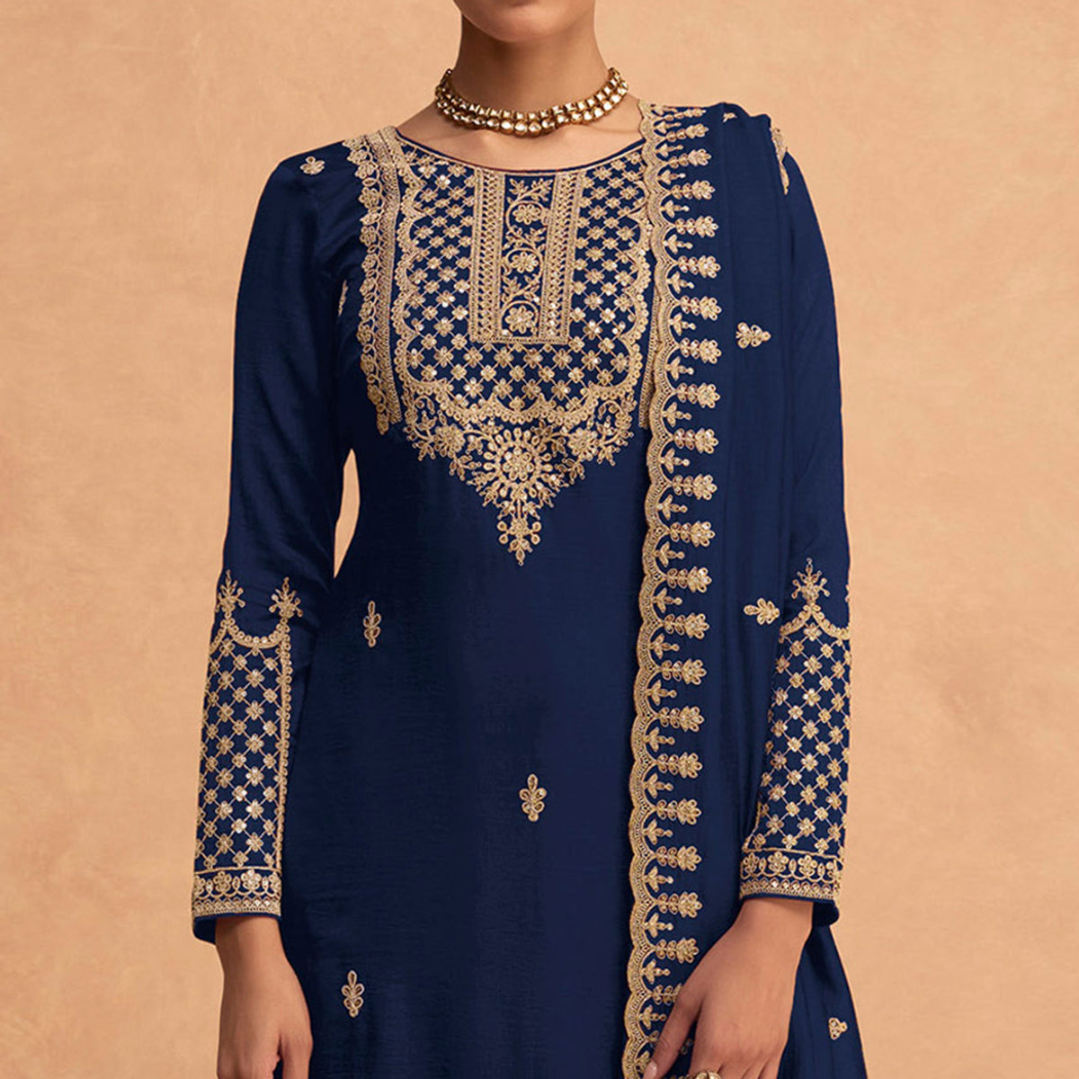 Blue Sequins Embroidered Georgette Palazzo Suit