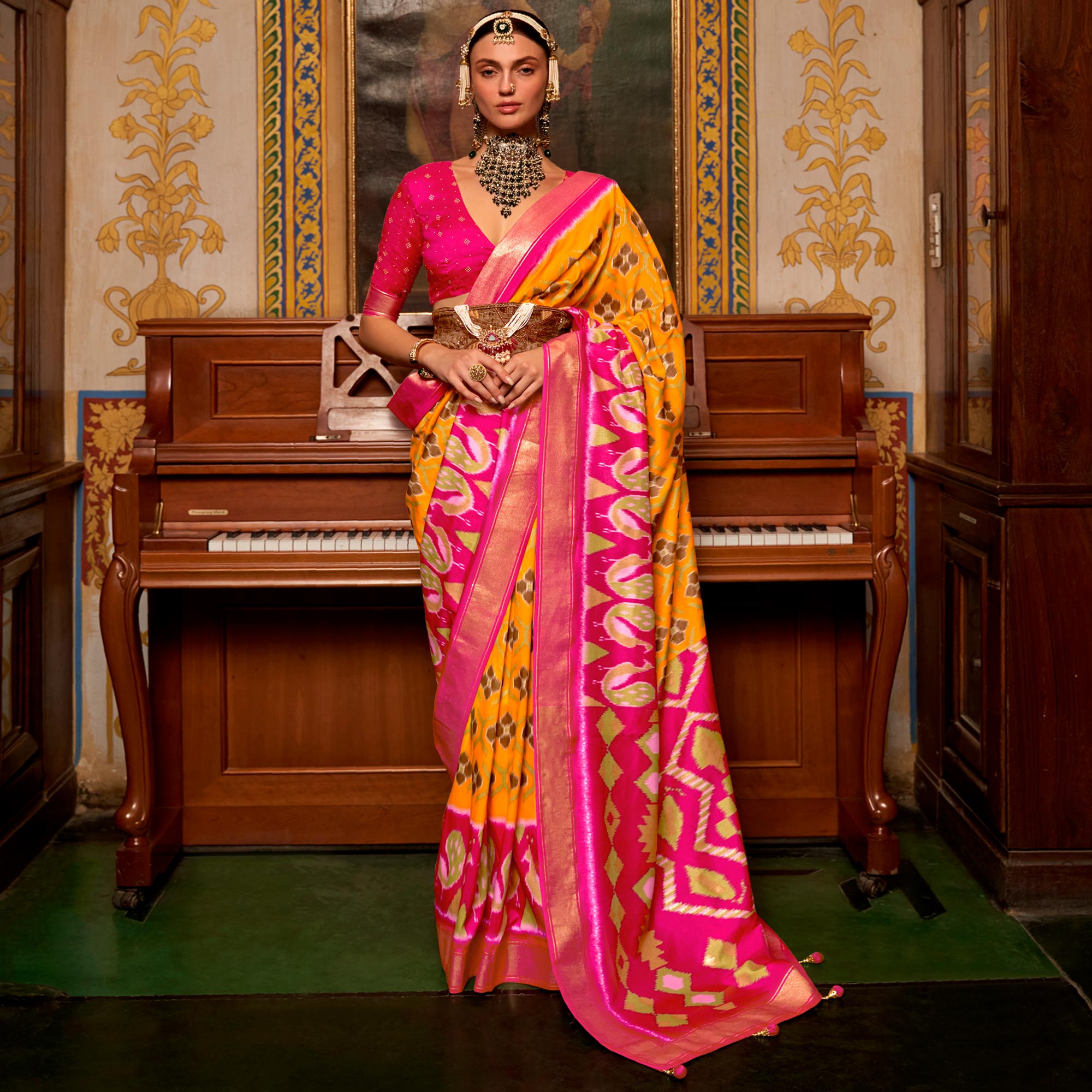 Yellow & Rose Pink Printed Art Silk Saree