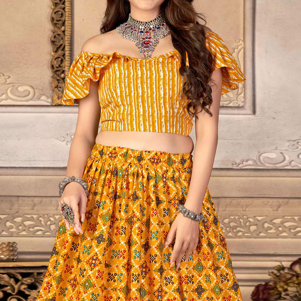Yellow Printed Crepe Top Skirt Set