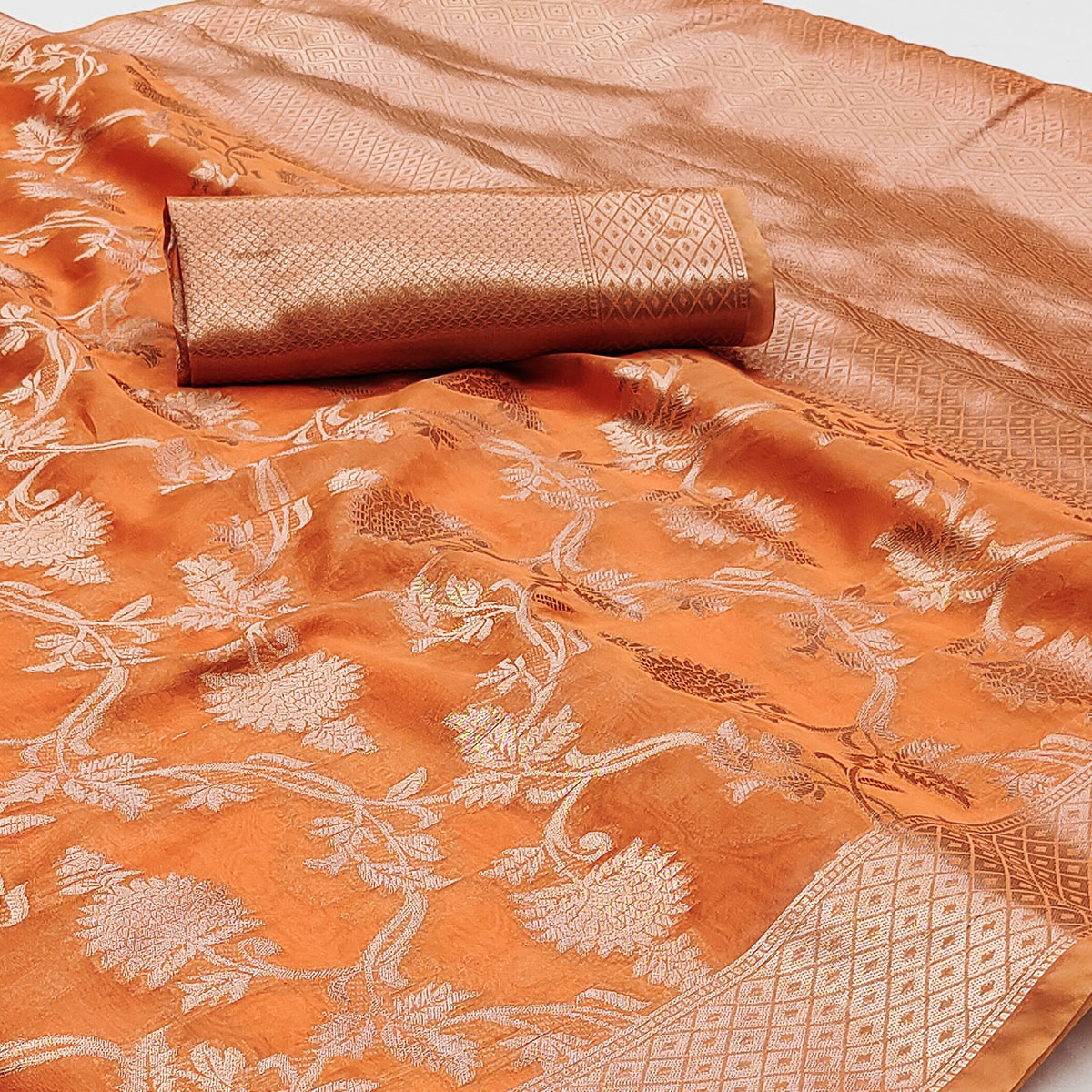 Orange Floral Woven Organza Saree