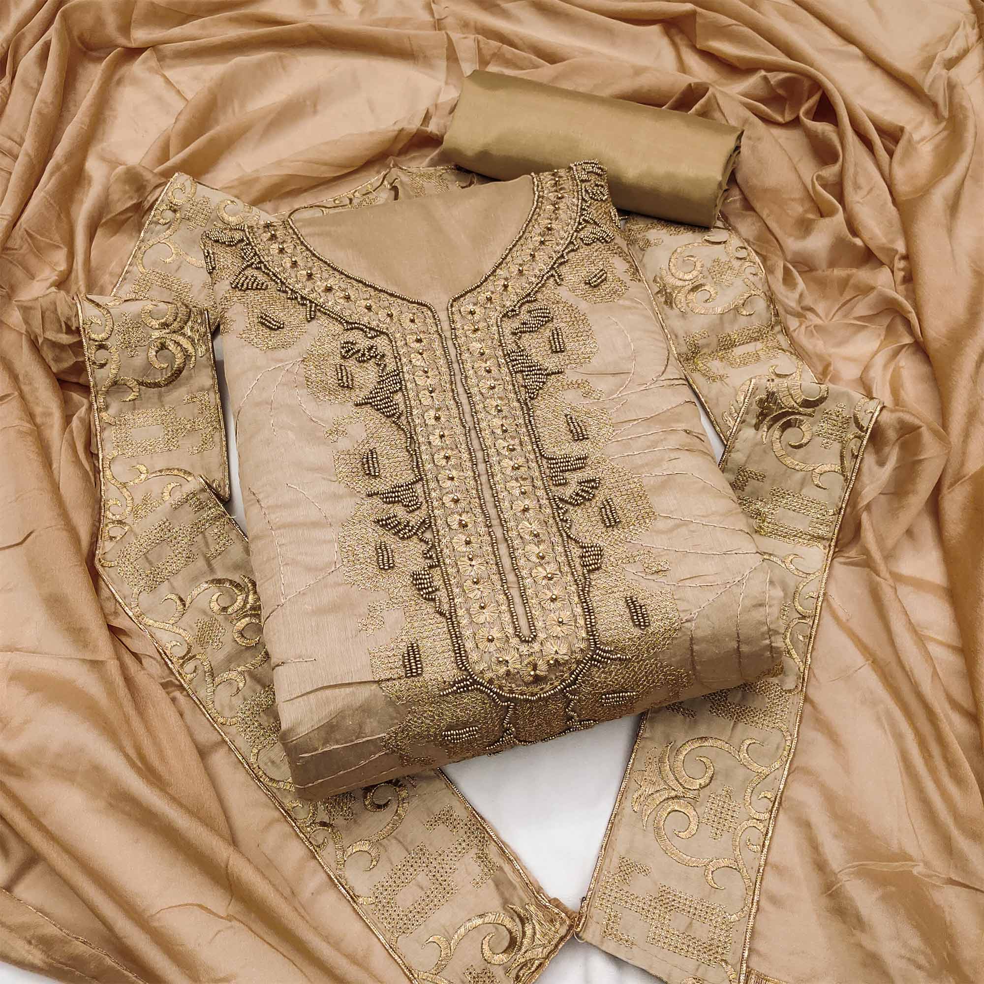 Light Brown Handwork Embroidered Modal Dress Material