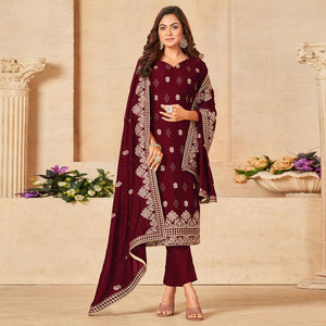 Maroon Embroidered Vichitra Silk Suit