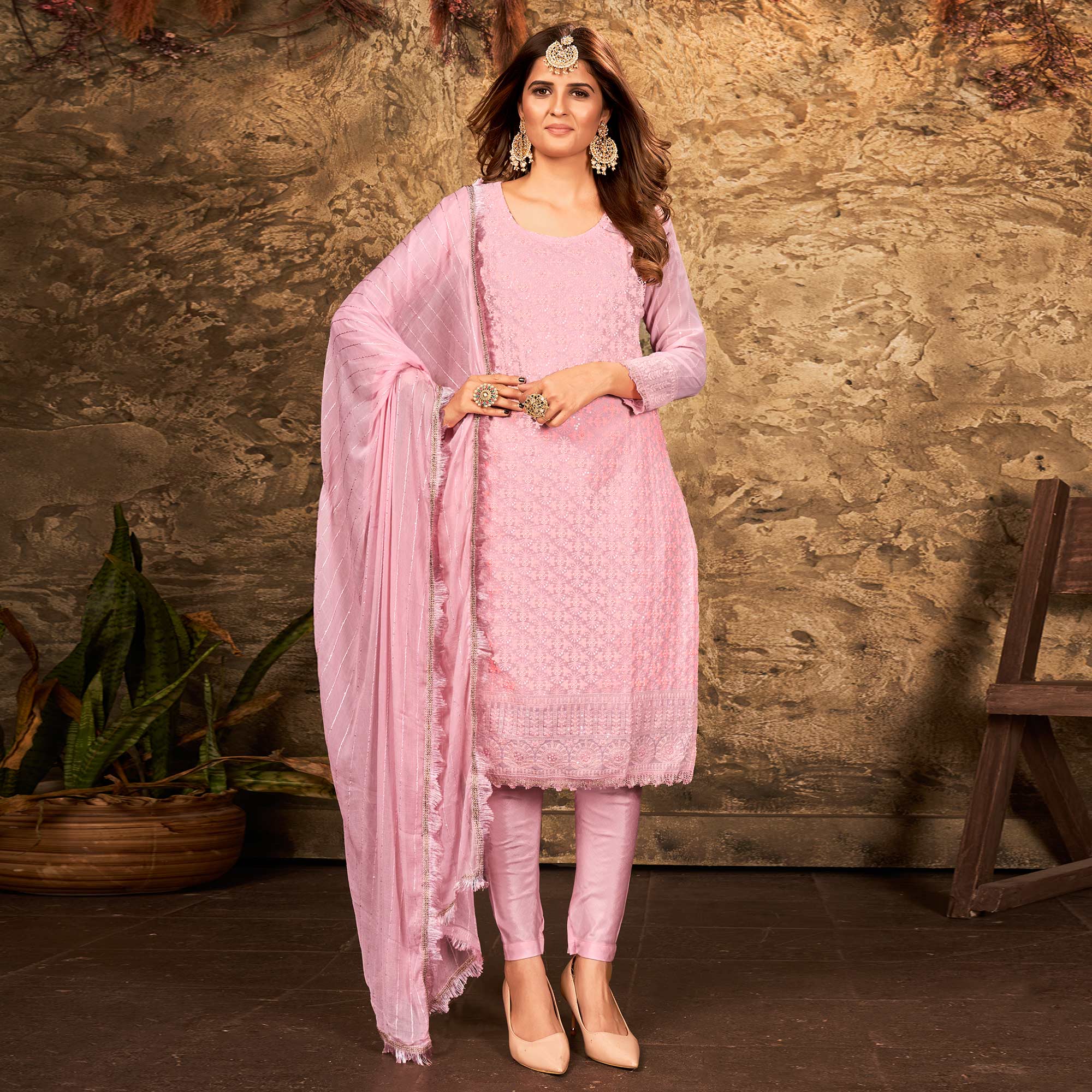 Pink Floral Sequins Embroidered Georgette Suit