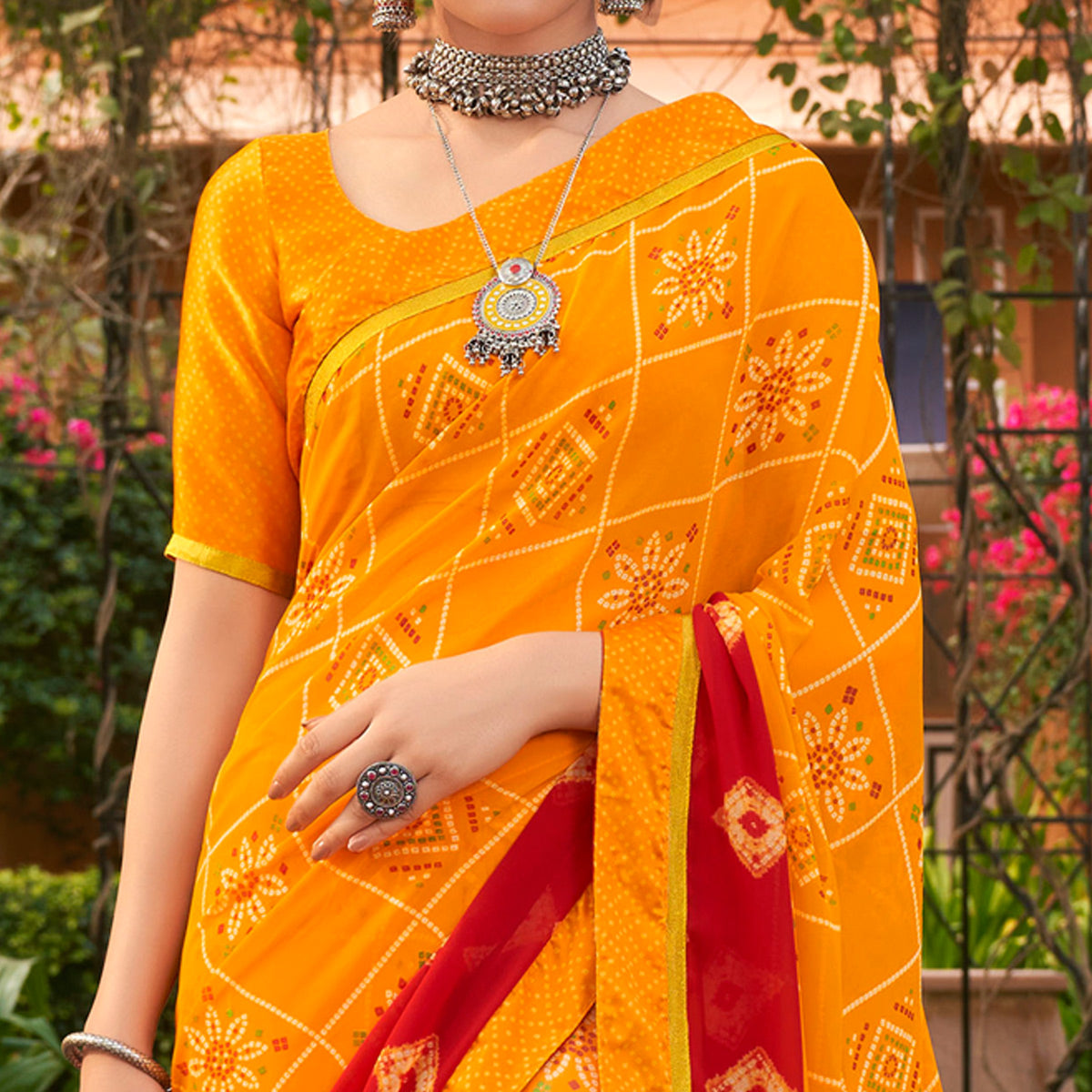 Mustard Bandhani Printed Georgette Saree