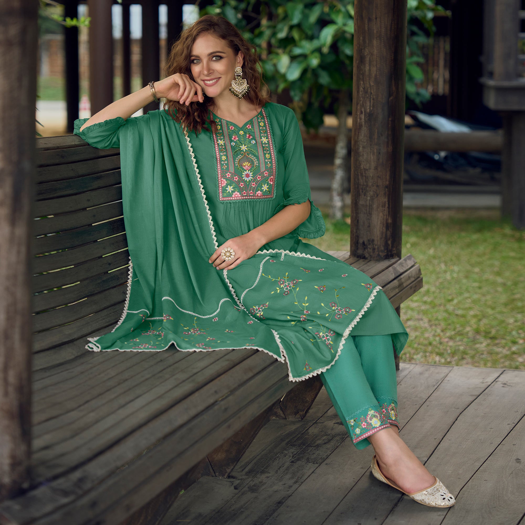 Sea Green Embroidered Pure Cotton Suit
