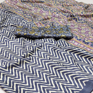 Grey Striped Printed Art Silk Saree