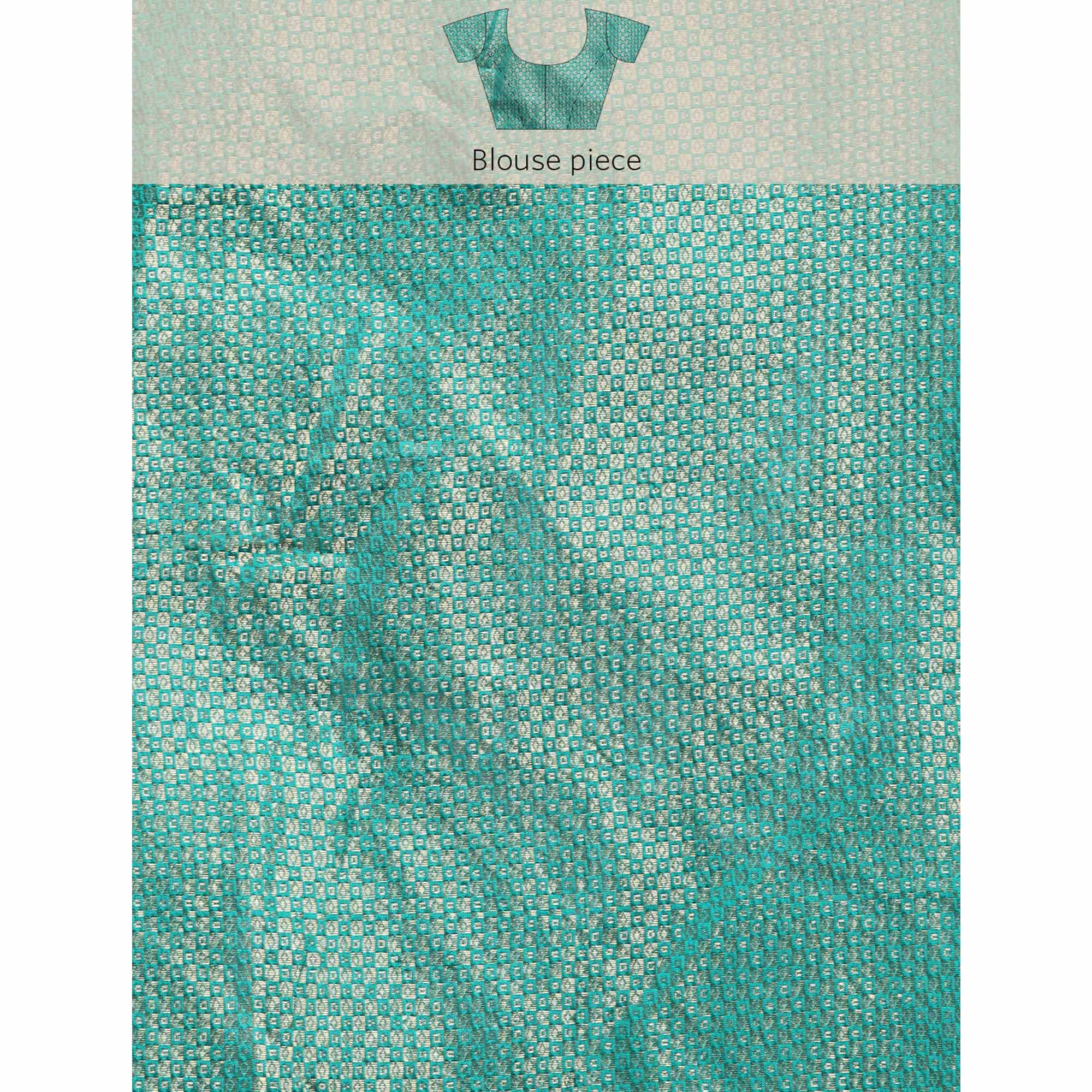 Turquoise Green Foil Printed With Swarovski Zomato Silk Saree
