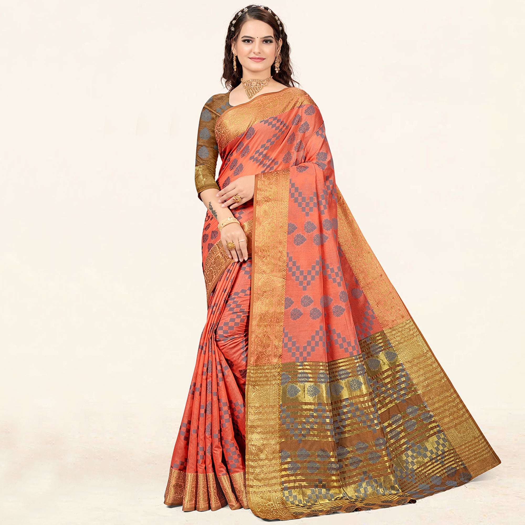 Peach Woven Cotton Saree