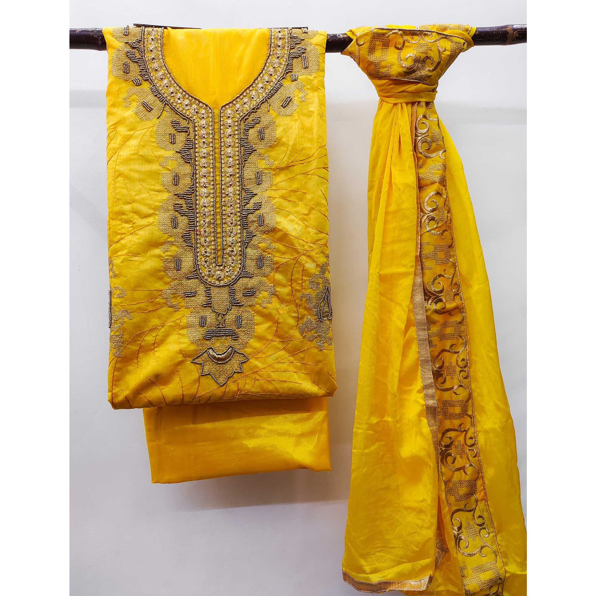 Yellow Handwork Embroidered Modal Dress Material