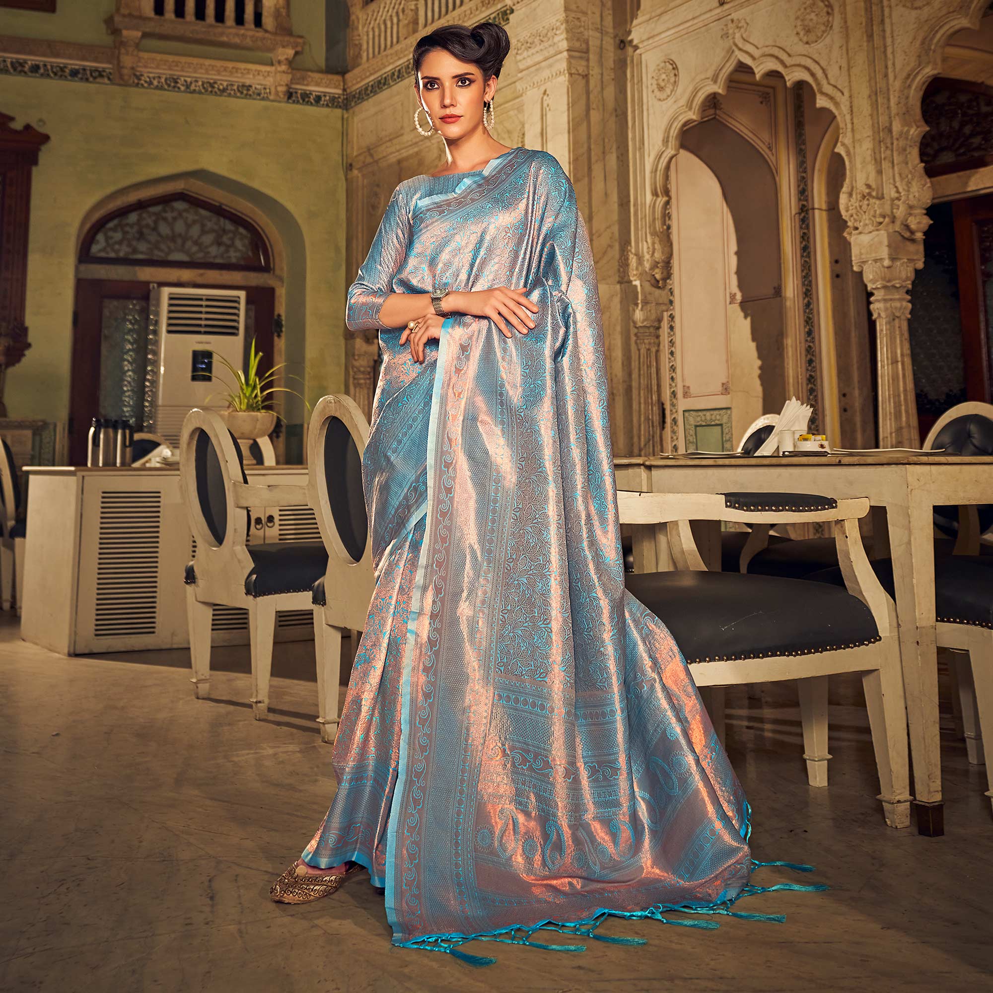 Blue Woven Kanjivaran Satin Saree