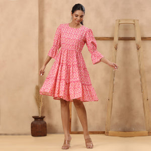 Pink Geometric Printed Rayon Dress